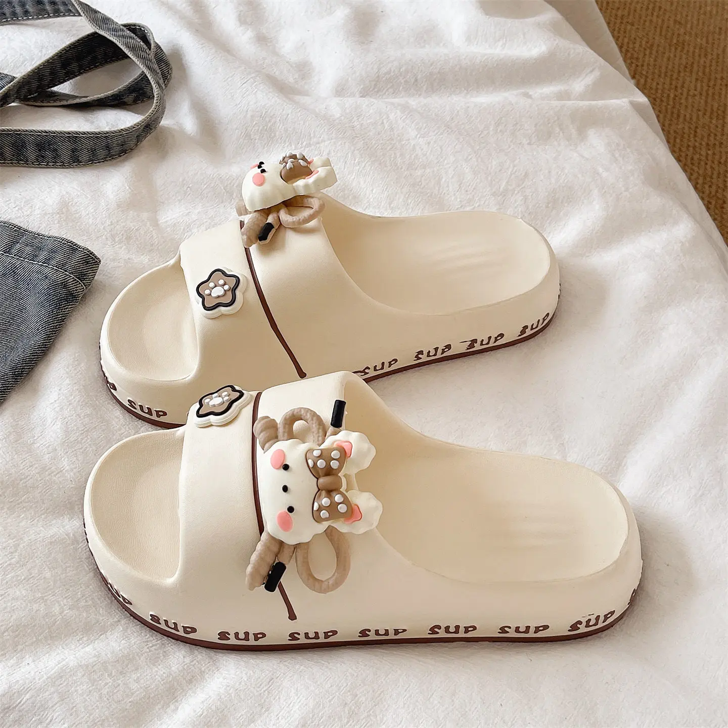 Women's Open-Toed Slide Slippers - Cute Rabbit Motif, Cute Look, Thick-Soled EVA Upper, Non-Slip Sole, Bowknot, Casual Slide-On Footwear