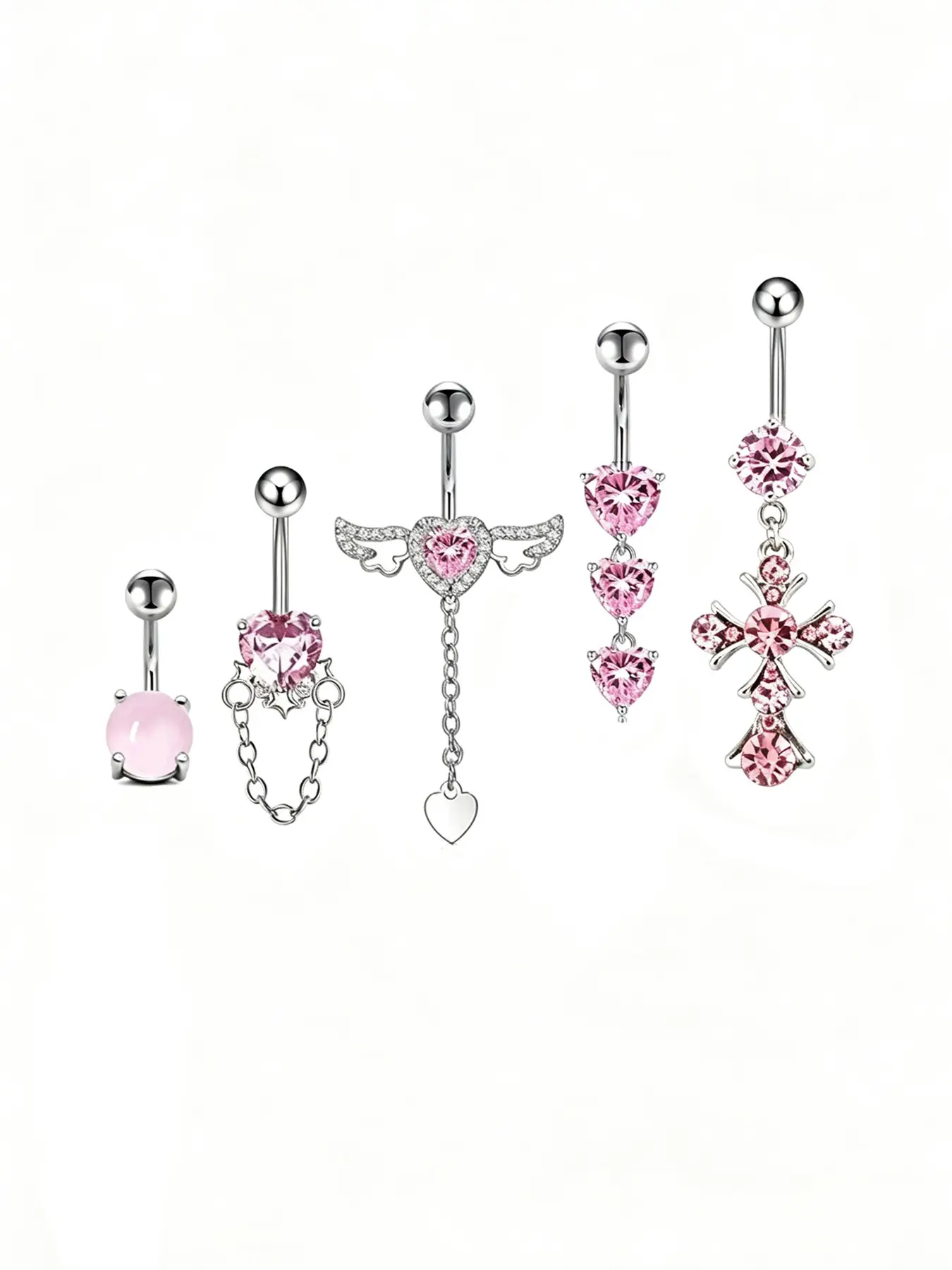 5Pcs hypoallergenic Stainless Steel Dangle Navel Rings, Pink CZ & Natural Stone Dangle Navel Piercing Jewelry, Heart Angel Wing Cross Chain Navel Rings For Women