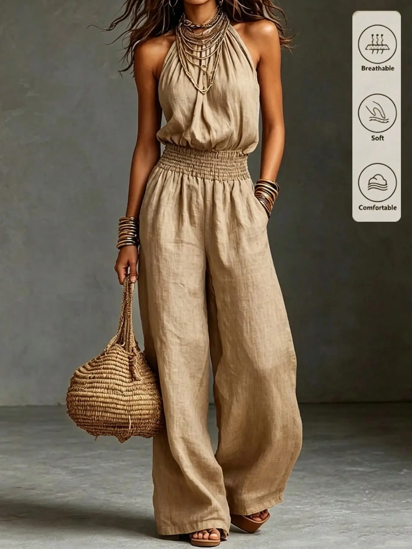 Elegant French Retro Boho Jumpsuit for Women, Waist Cinched Design, Perfect for Beach Vacations, Holiday Casual, Country Style Parties