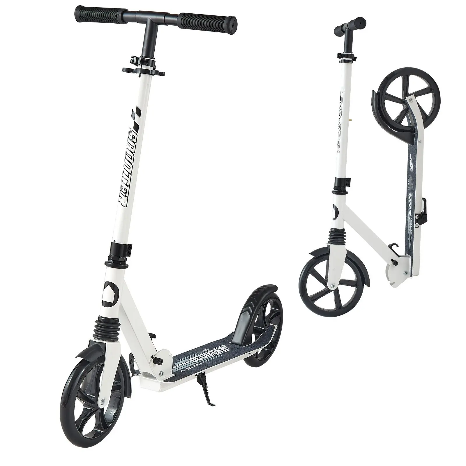 Adjustable 2-Wheel Kids Kick Scooter - For Ages 8+, Teens & Adults Up To 220 Lbs, Folding Lightweight Design, Wide Anti-Slip Deck, Durable, White & Black - Ideal For Kick Scooting & Outdoor Fun