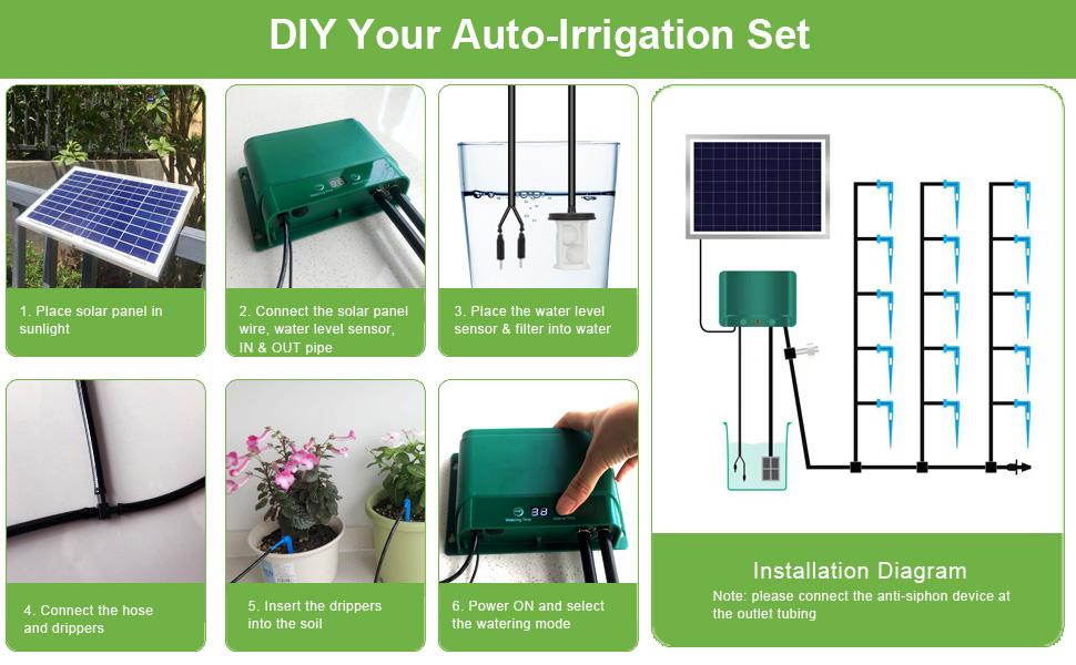10W Drip Irrigation Kit Auto System Powered Auto-Irrigation Set for Raised Beds Lawn Greenhouse Potted Plants Up to 50 Plants