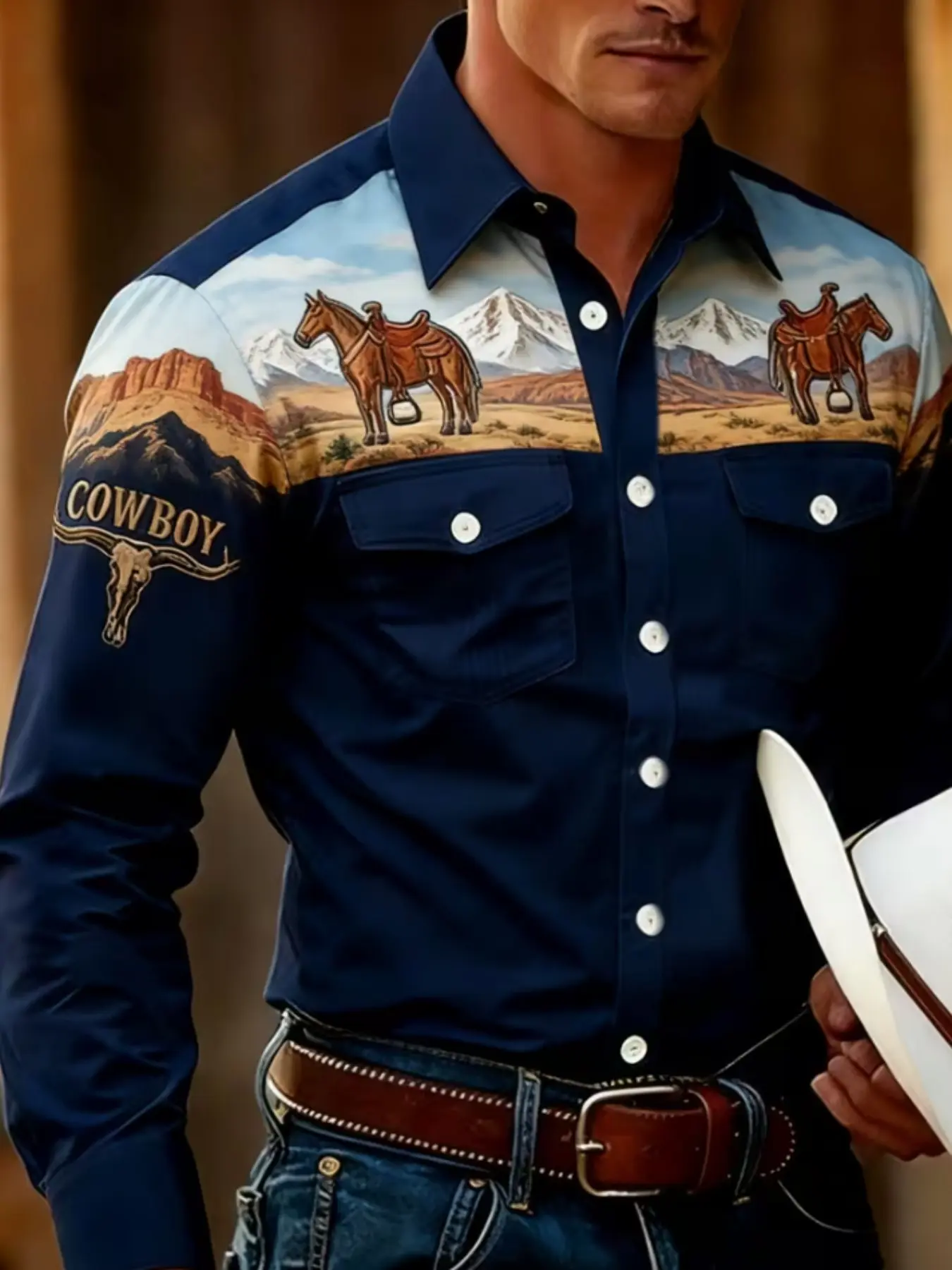 Western Desert Cowboy Landscape Print Long Sleeve Shirt, Casual Slim-Fitting Long Shirt, All over Print, Unlined, Made in China