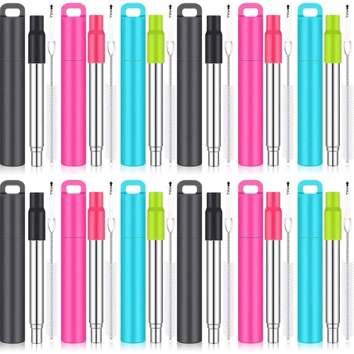 12-Pack Multi-Size Collapsible Foldable Stainless Steel Straws with Plastic Case, Tip, Cleaning Brush, Long Telescopic Design for Portable Travel, Work Use