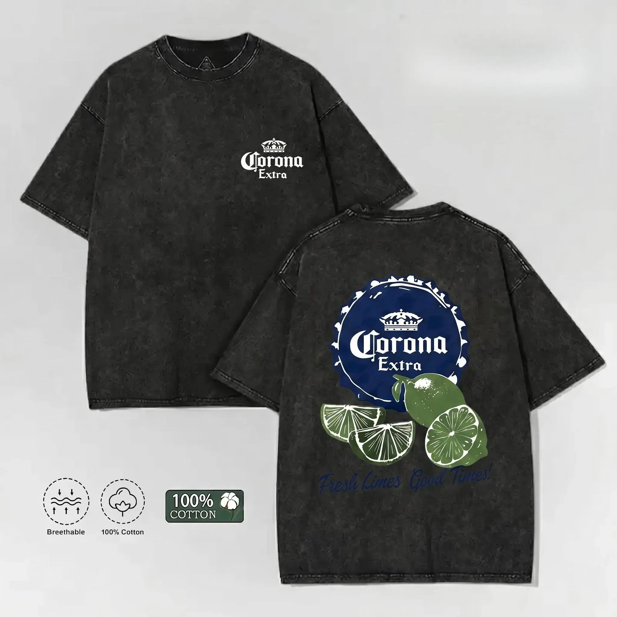 Vintage Acid Washed Black Double Sided Oversized Short Sleeve T Shirt Classic Bottle Cap Lime Citrus Graphic Fresh Limes Good Times Summer Beach Vacation Coastal Lifestyle Front Chest Mini Logo Distressed Breathable Cotton Unisex Casual Streetwear Tee