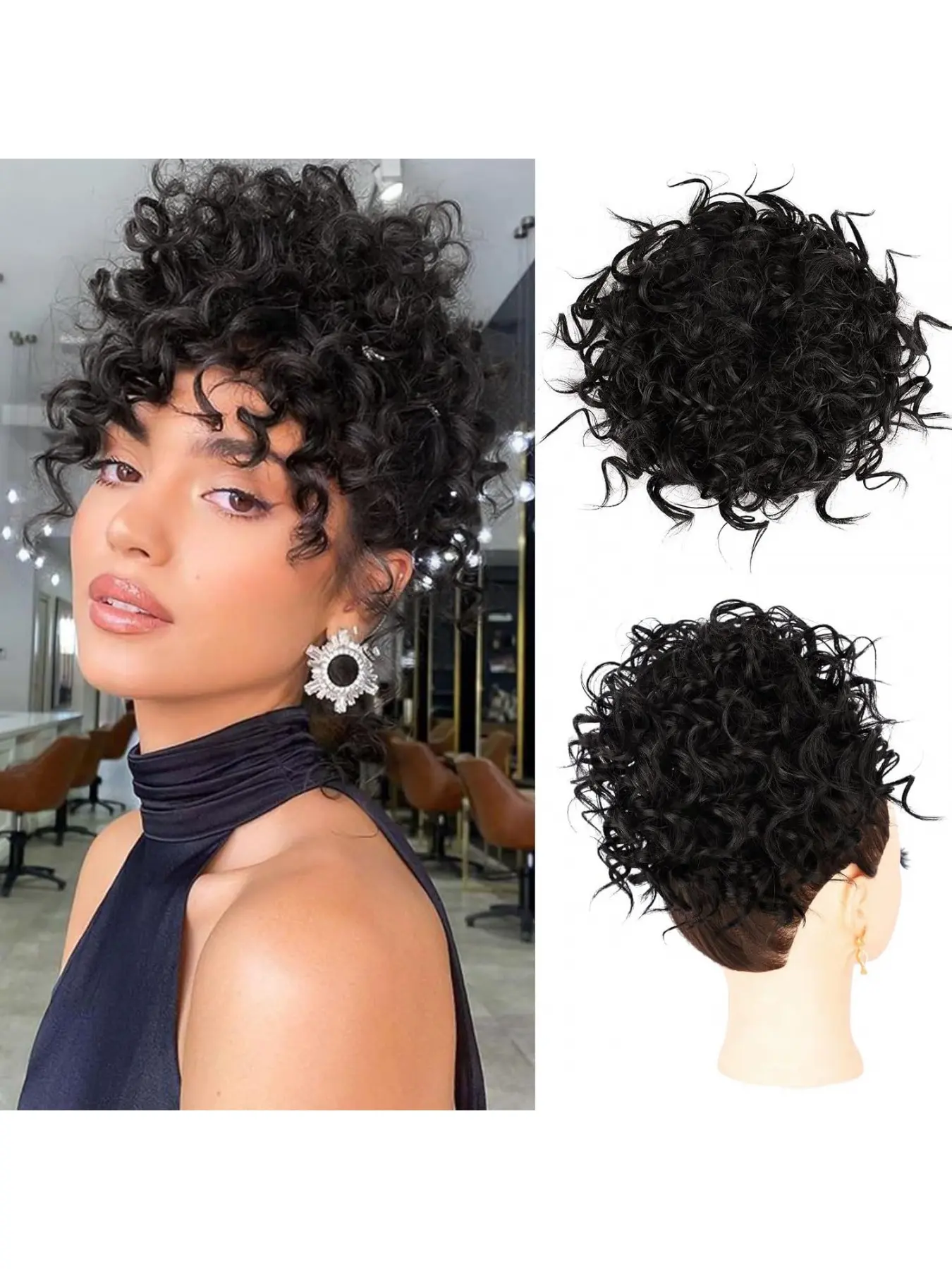 Women Drawstring Bun Updo Wig Voluminous Messy Curls Elastic Net Synthetic Hair Bun Extension for Daily Party Cosplay