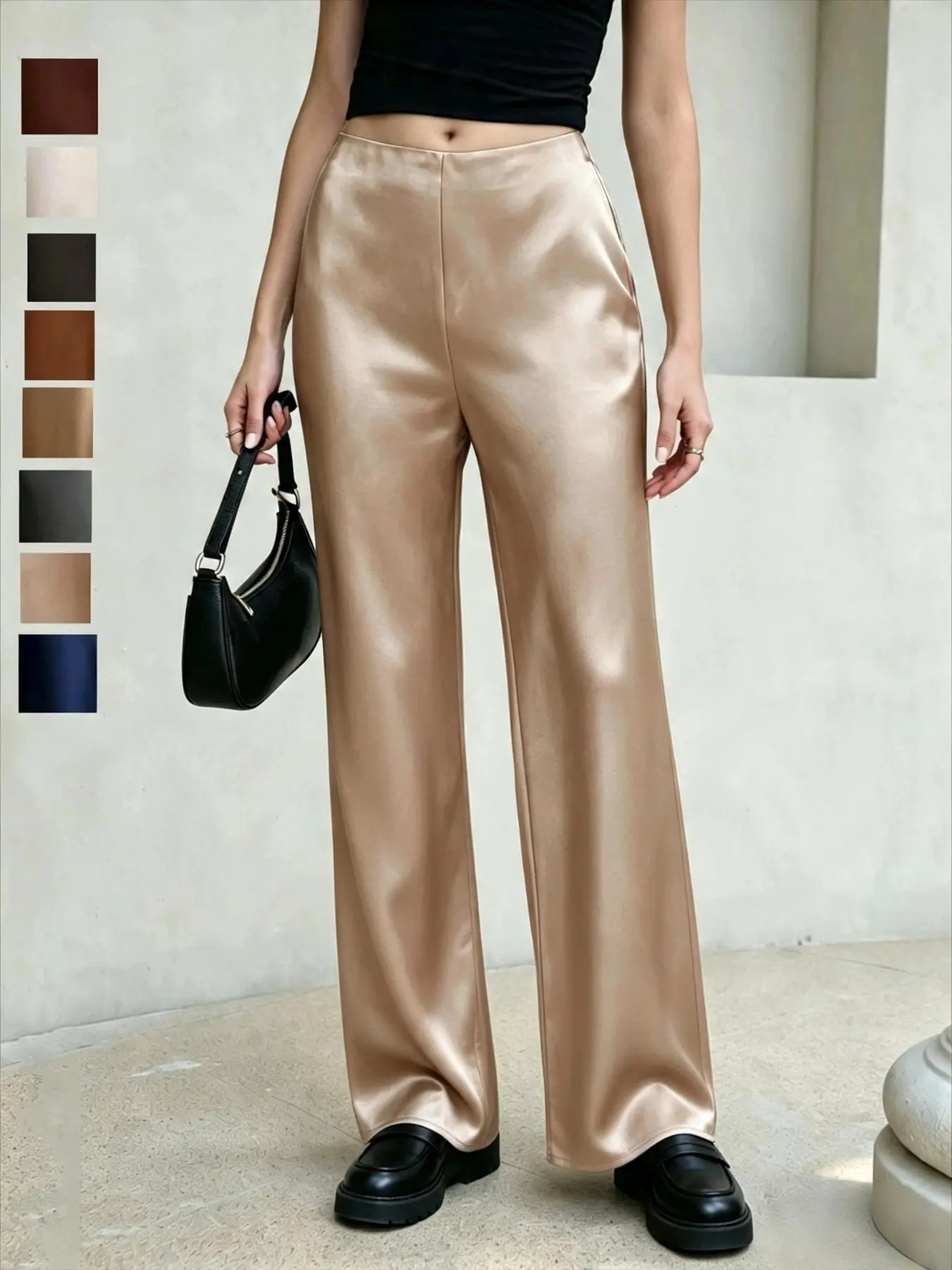 Luxury Fashion Casual Outerwear Commute Street Style Women's Acetate Satin High-Waisted Straight Leg Pants, All Seasons Slim-Fit Trousers
