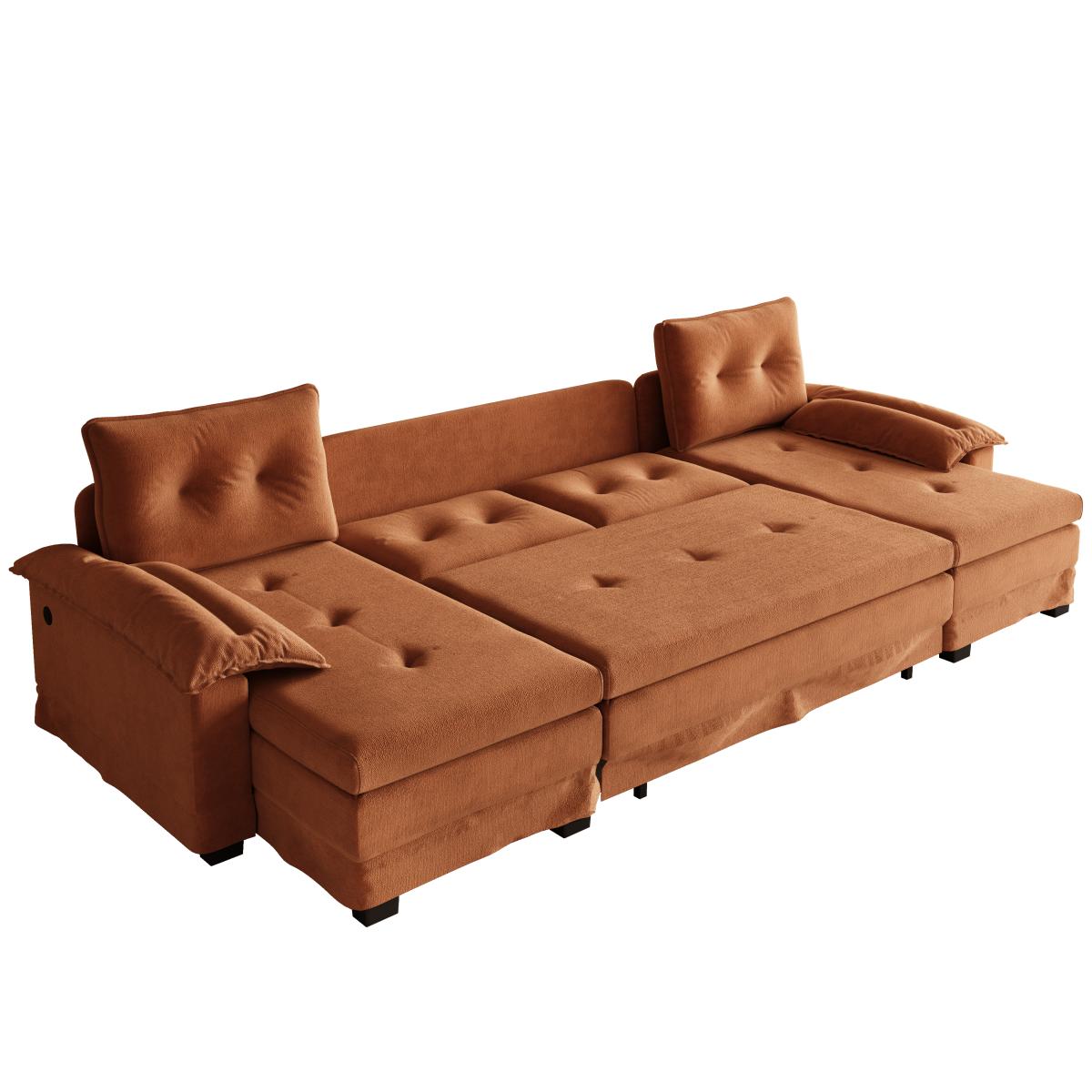 109.5" U-Shaped Sleeper Sofa with Pull Out Bed,2 in 1 Convertible Couch Bed with Removable Armrests & USB Ports,Oversized Sectional Modular with Chaise Lounge for Living Room/Apartment,Orange    RR