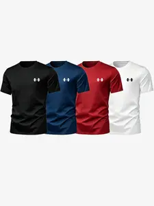 4-Pack Round Neck Sporty Casual Short Sleeve T-Shirts, Gym Training Daily Wear, Simple Chest Logo, Soft Breathable Quick-Dry Fabric, Unisex