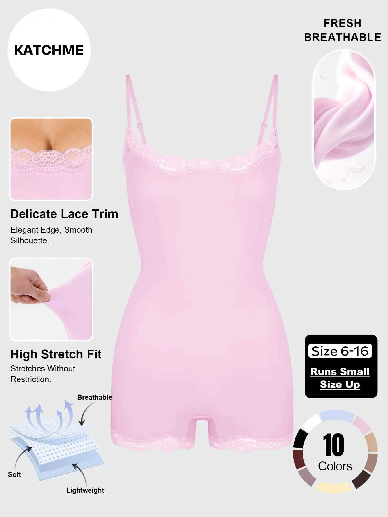 Women's Solid-Color Stretch Romper with Lace Trim & Adjustable Thin Straps, Lightweight Slightly Sheer Adjustable Strap Quick-Drying Flattering Bodysuit, Featuring Seamless Sweat-Wicking Design for Outdoor Clothing