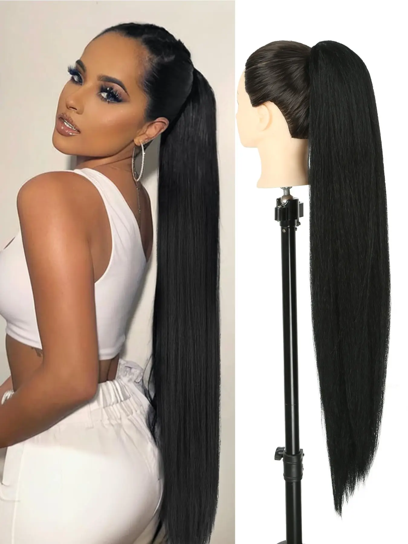 24Inch/32inch Long Straight Drawstring Ponytail Extension Straight Drawstring Ponytail Extension - Black Natural Looking Fluffy Soft Synthetic Cheer Posh Pony Tails Hairpieces Daily Party for Women Girls Daily Straight Ponytail Extensions