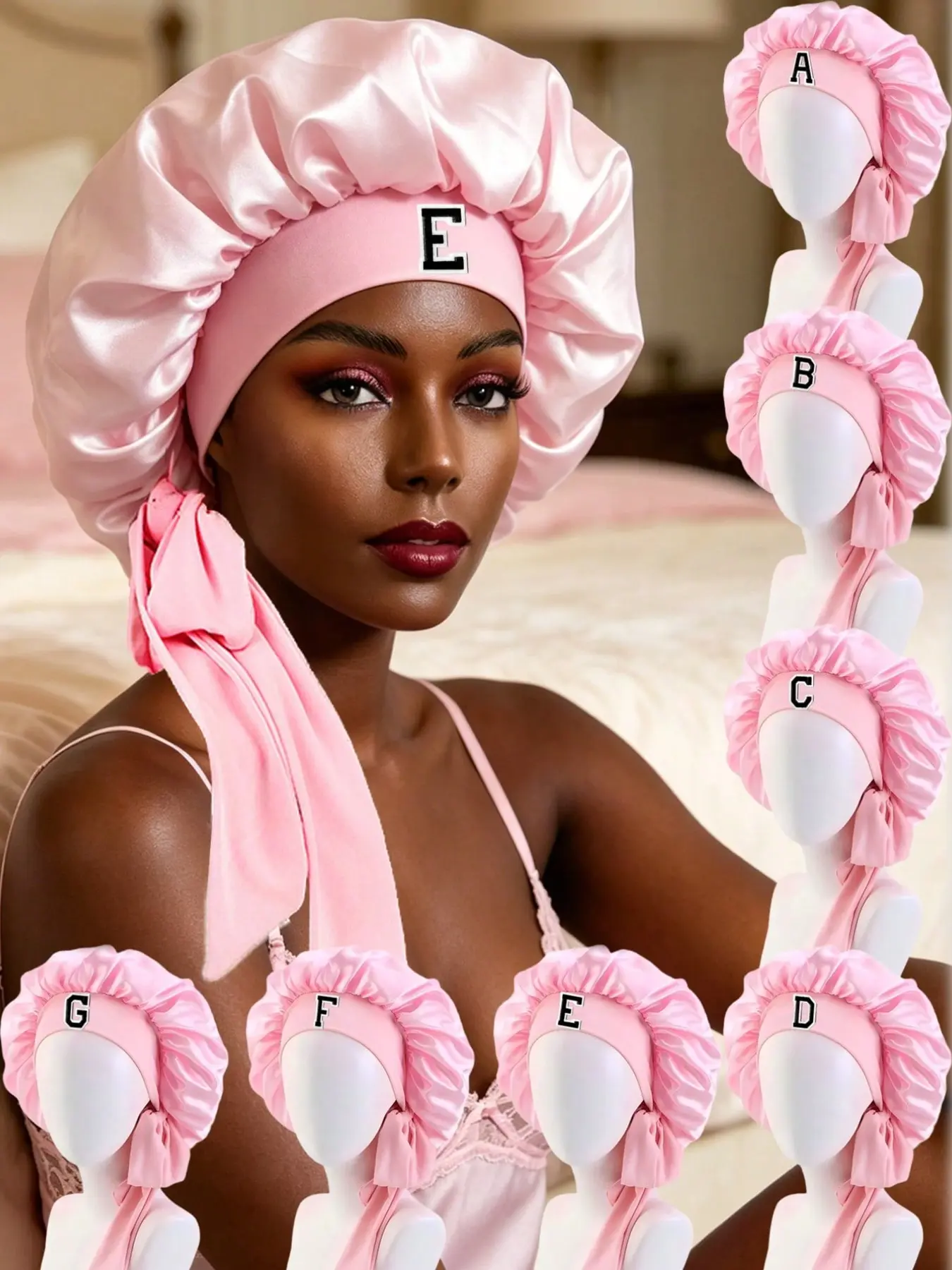 1PC Pink Custom A-Z Letter Satin Sleep Bonnet, Wide Band Hair Bun Cover Hat, Soft Anti-Frizz Night Skincare Cap For Adult Home Night Routine, Unique Custom Surprise Birthday Gift For Teen Girl Bestie