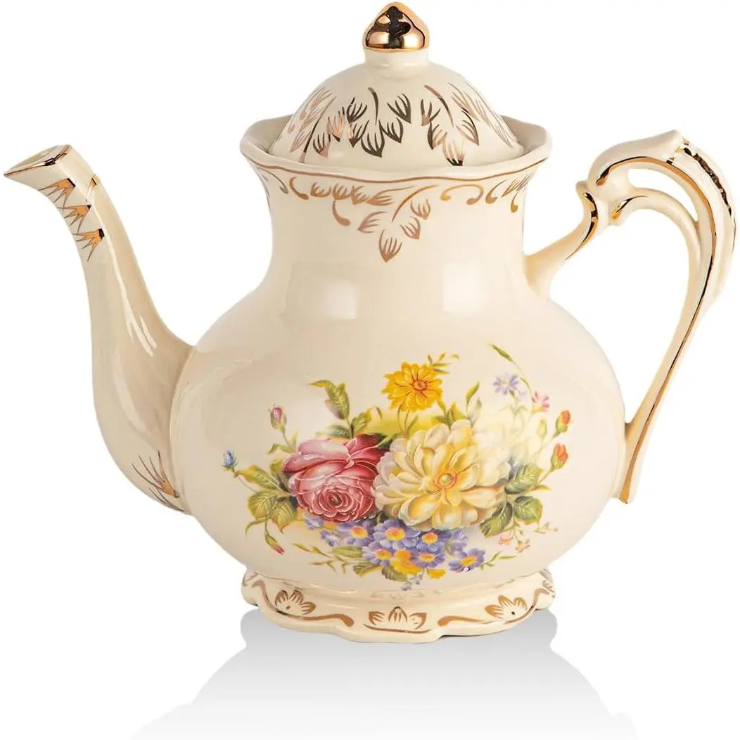 Small Flowering Shrubs Teapot, 25 OZ/2 Cup  Porcelain  Pot |  Floral Teapot with  Leaves Trim Design, Gifts for Women