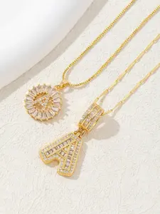 2 Count Zircon Initial Necklace Set, Bubble Pendant with Zirconia, Fashionable Necklace for Men and Women, Anniversary Gift Idea