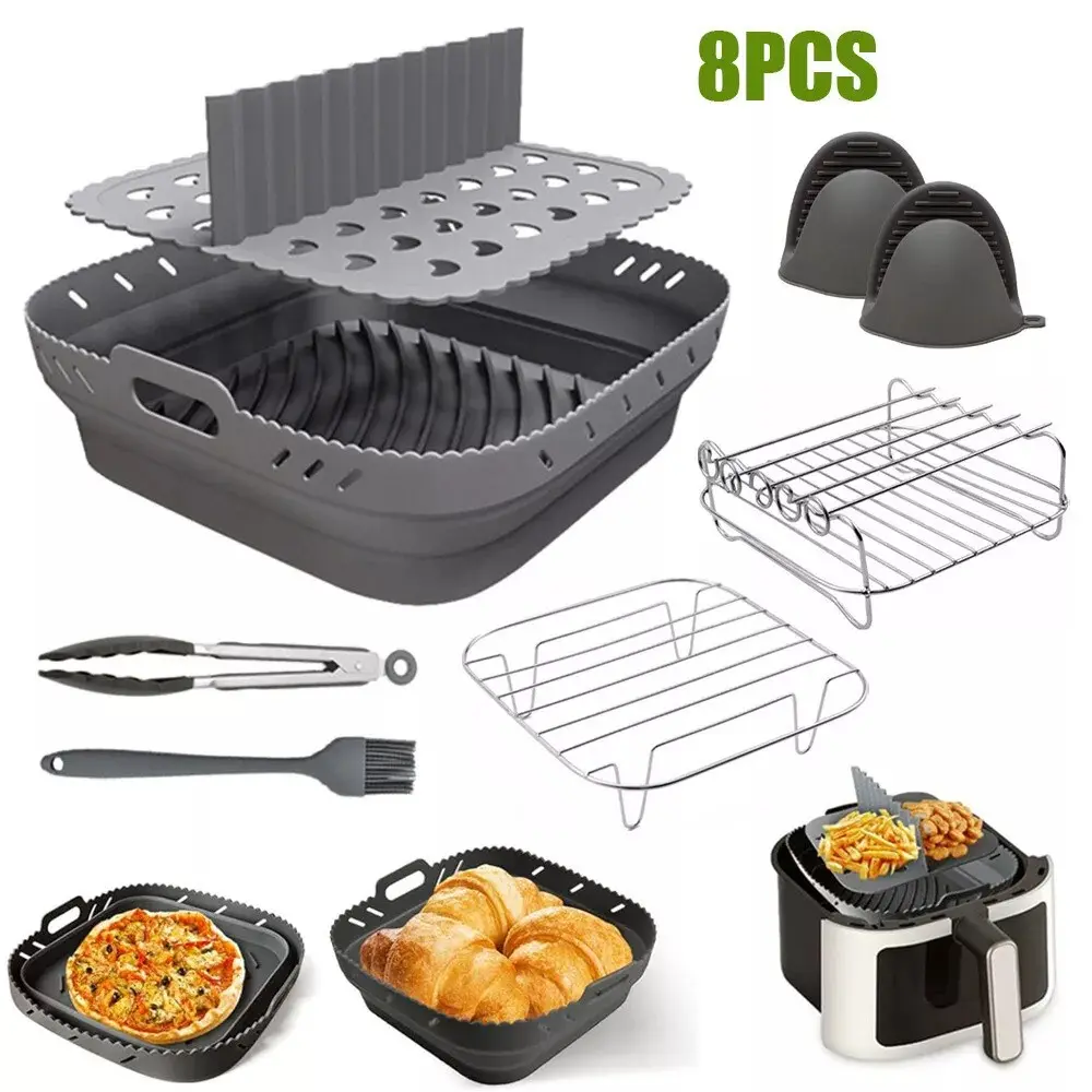 8 Pcs Set for Silicone Cooking, Microwave, and Air Fryers: Includes an air fryer mat, square silicone baking tray, rack, heat-resistant tongs, basting brush, food tongs, and a foldable, reusable food-grade silicone air fryer basket—suitable for air frye