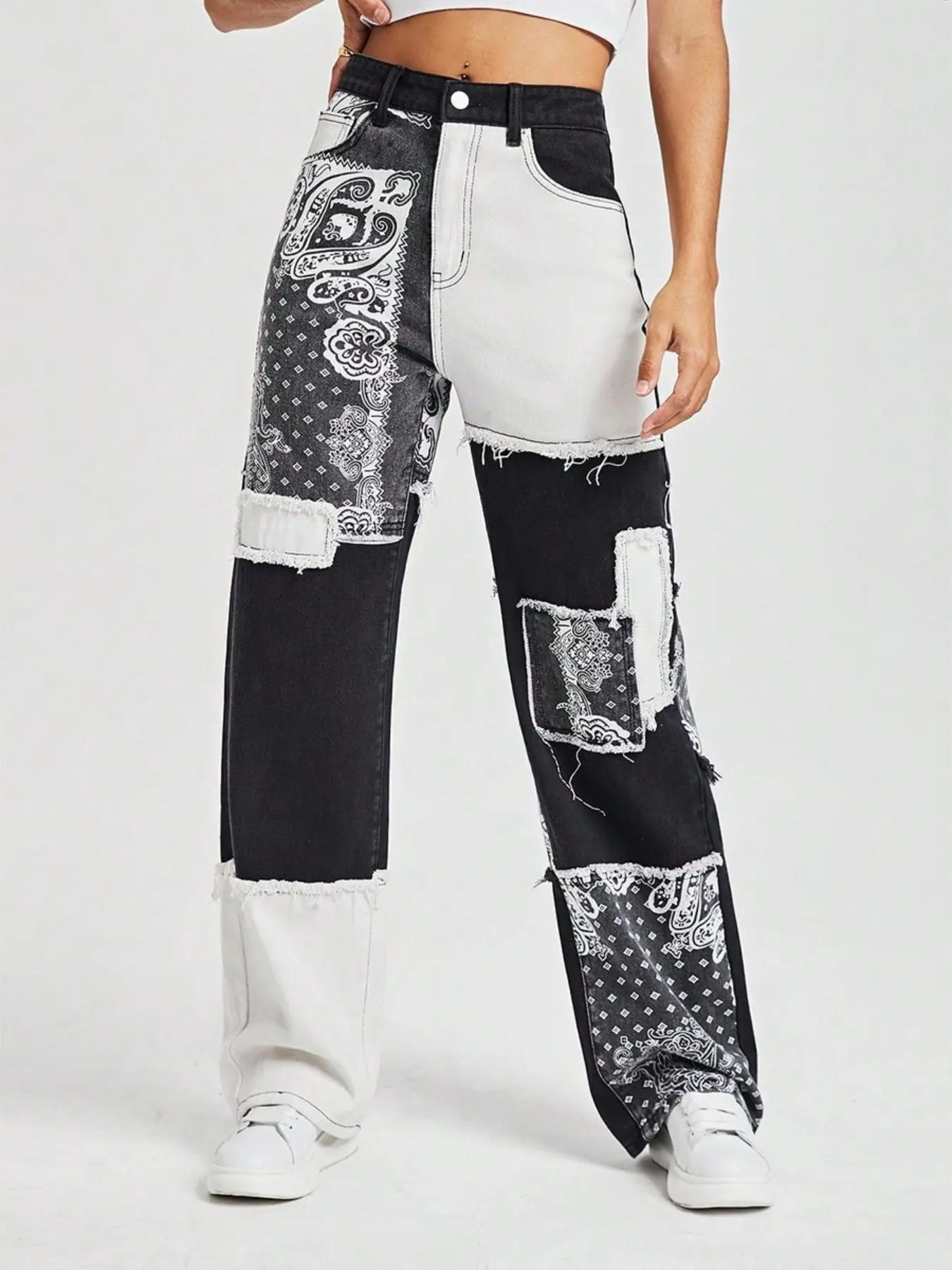 Women's High Street Style Asymmetric Colorblock Frayed Hem Wide Leg Denim Loose Jeans, Hip Hop Culture Streetwear, Eye-Catching Design