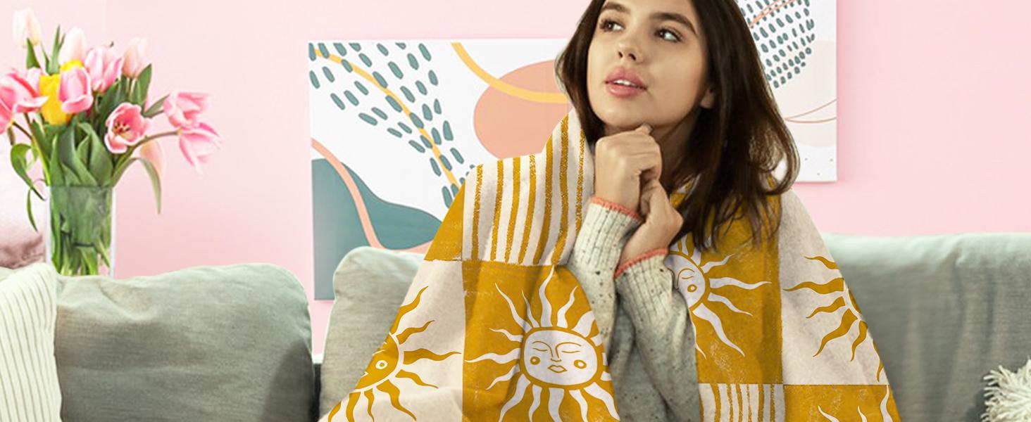 Boho Sun Face Flannel Throw Blanket, Bohemia Sunshine Yellow Birthday Gifts for Kids Men Women, Sunny Plaid Check Stripes Soft Blankets for Bedding Sofa 50" x 60"