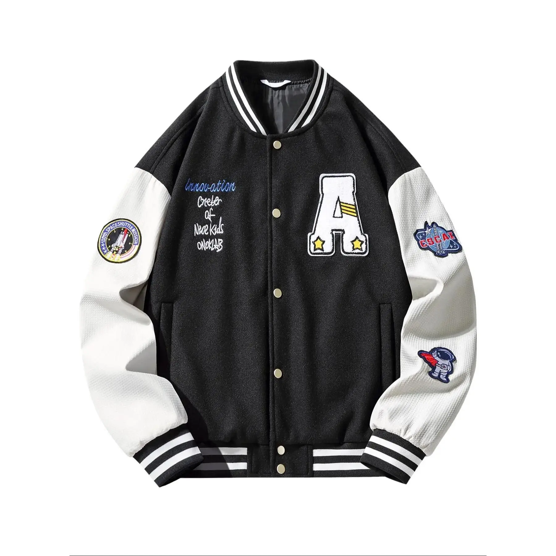 Men's Patchwork Letter Patched Pocket  Varsity Jacket, Loose Casual Comfy Long Sleeve Button Front Outerwear for Spring & Fall, Fashion Men's Clothes for Daily Wear