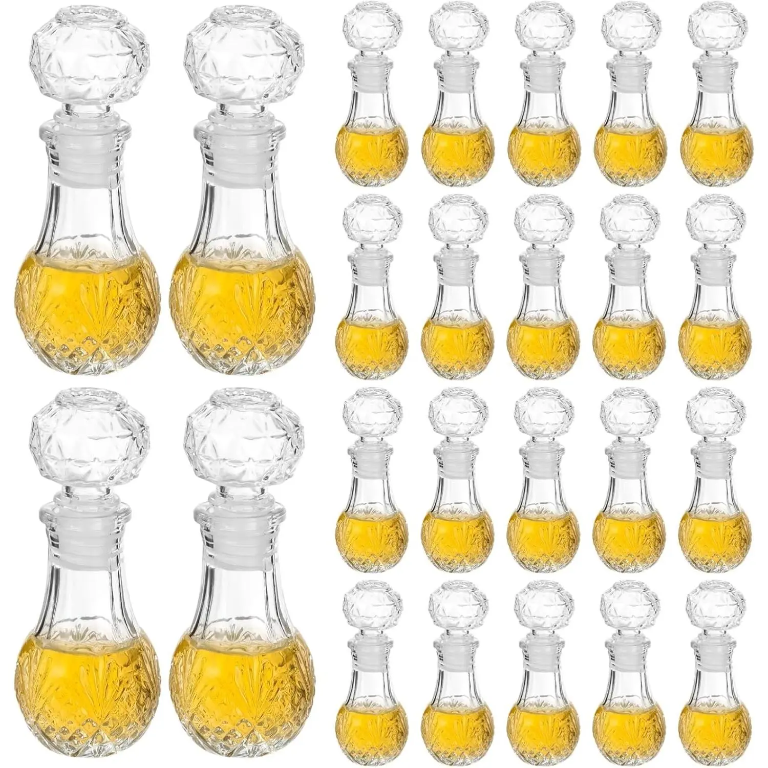 24 count Mini Glass  Bottles, Decorative Embossed  Bottles, Empty Refillable  Bottle with Stopper for Wedding Party Favors