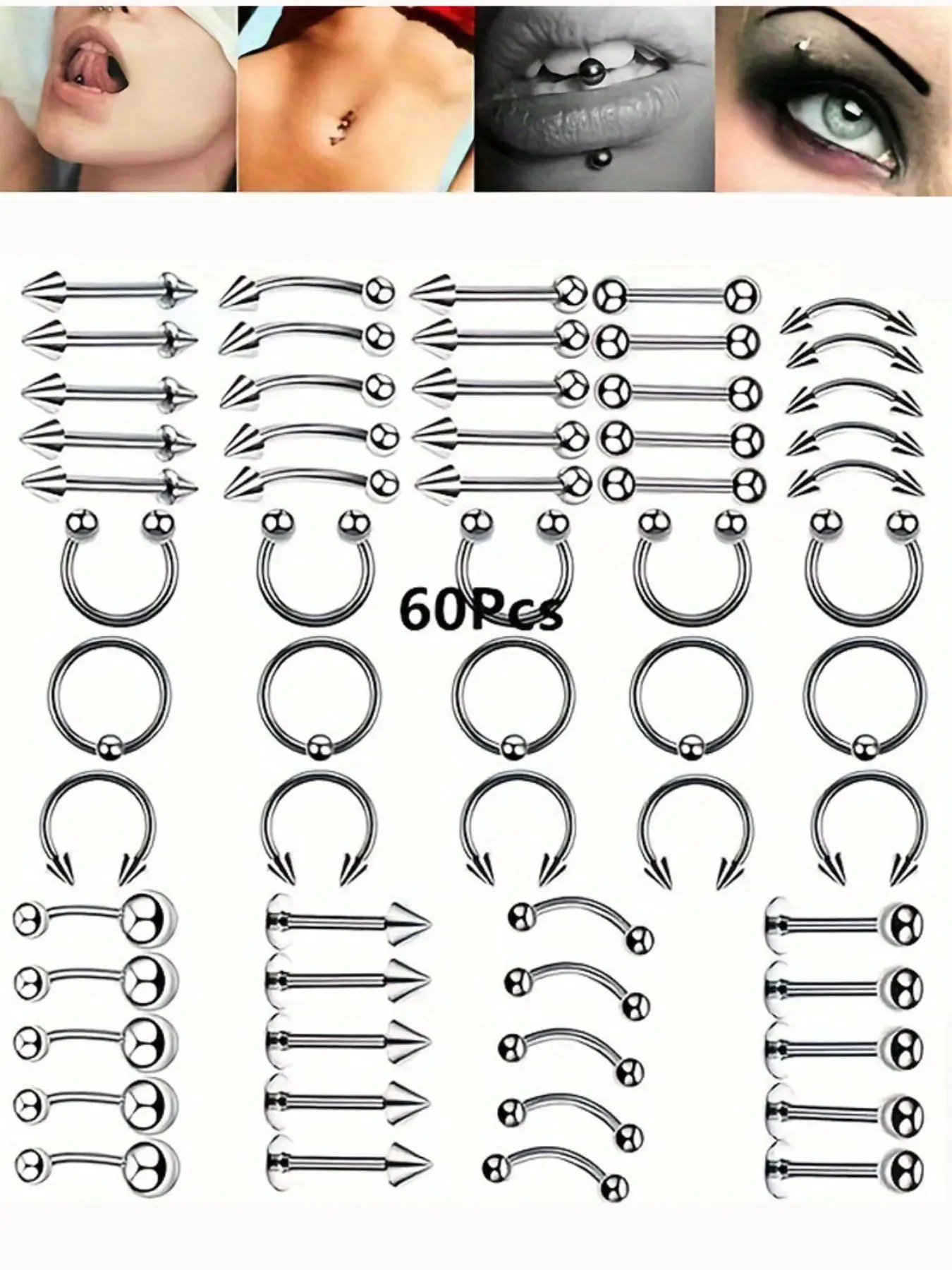 60-Piece Titanium Steel Silver Color Nose Studs, Nosepiercings, Lip Rings, Eyebrow Pins, Navel piercing, Punk Rock Style, Casual Unisex Accessories, Nose Rings Set