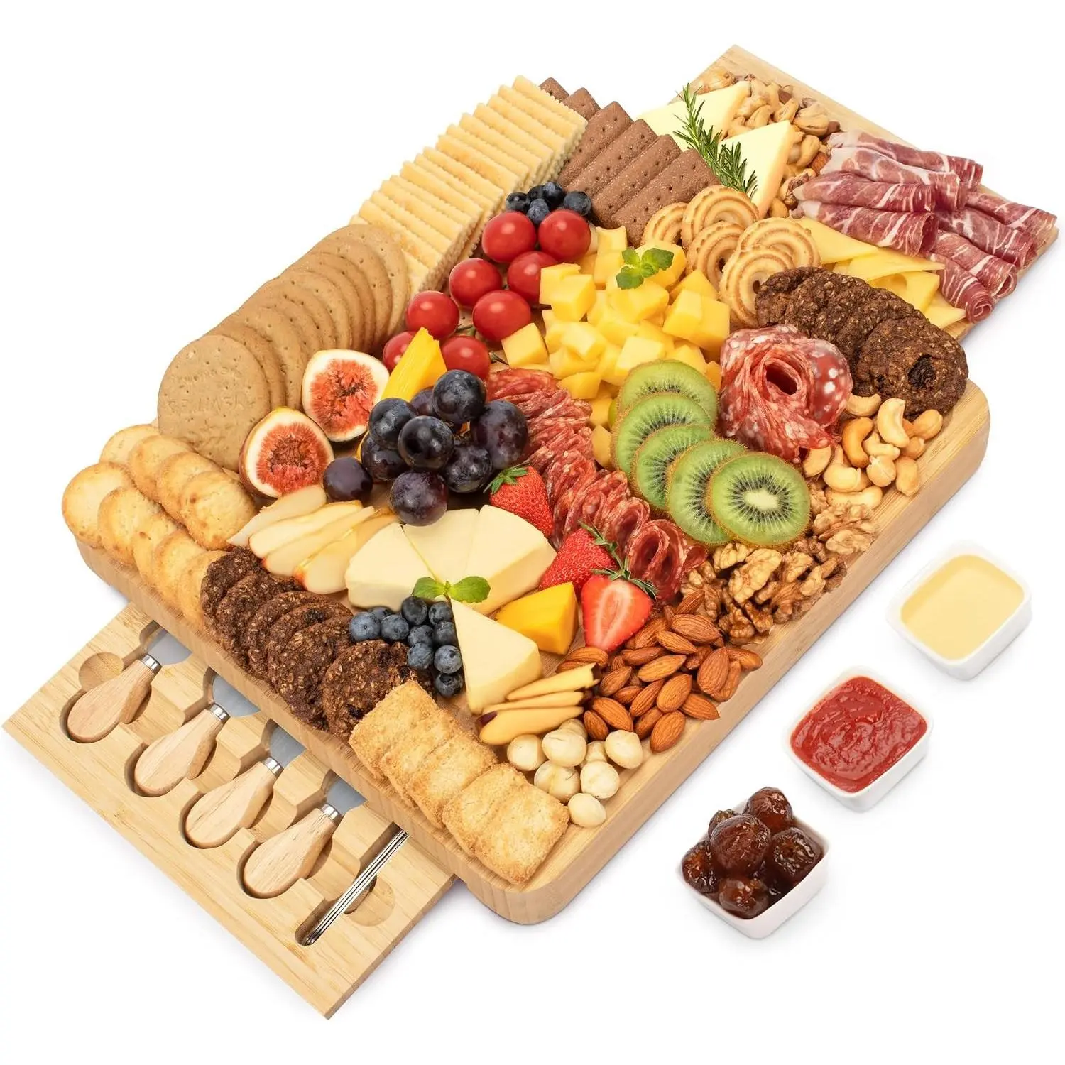 FamRica Bamboo Charcuterie Cheese Board Set with 2 Drawers, Serving Cheese Tray, Unique Gifts for Wedding Housewarming Birthday
