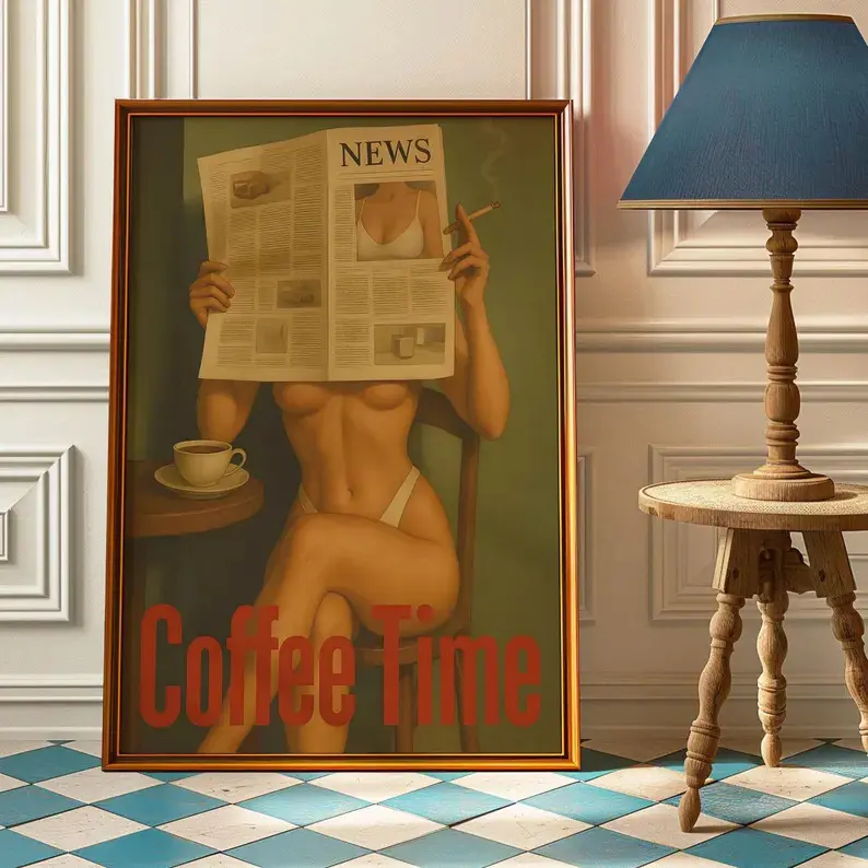 Retro Coffee Time Art Print, Vintage Coffee Lover Wall Poster, Smoking Woman with Newspaper, Coffee Bar and Kitchen Decor Gift,Bikini Poster