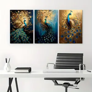 3-piece framed set - Golden Peacock Triptych Bedroom Decor Theme Canvas Wall Art Framed Painting on Sale, 2D Flat, Suitable for Halloween, Christmas, Winter, and Summer, High-end Interior Decoration, Suitable for him/her, bedroom, living room, bathroom, h