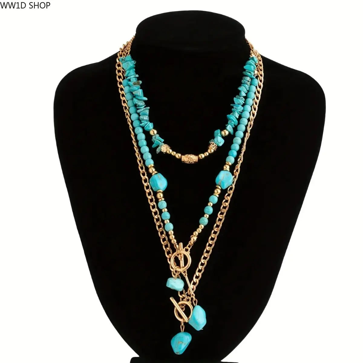Women's 3-Piece Bohemian Flair Turquoise Synthetic Stone Beaded Layered Necklace Set - Stacked Necks Jewelry for Parties, Daily Wear