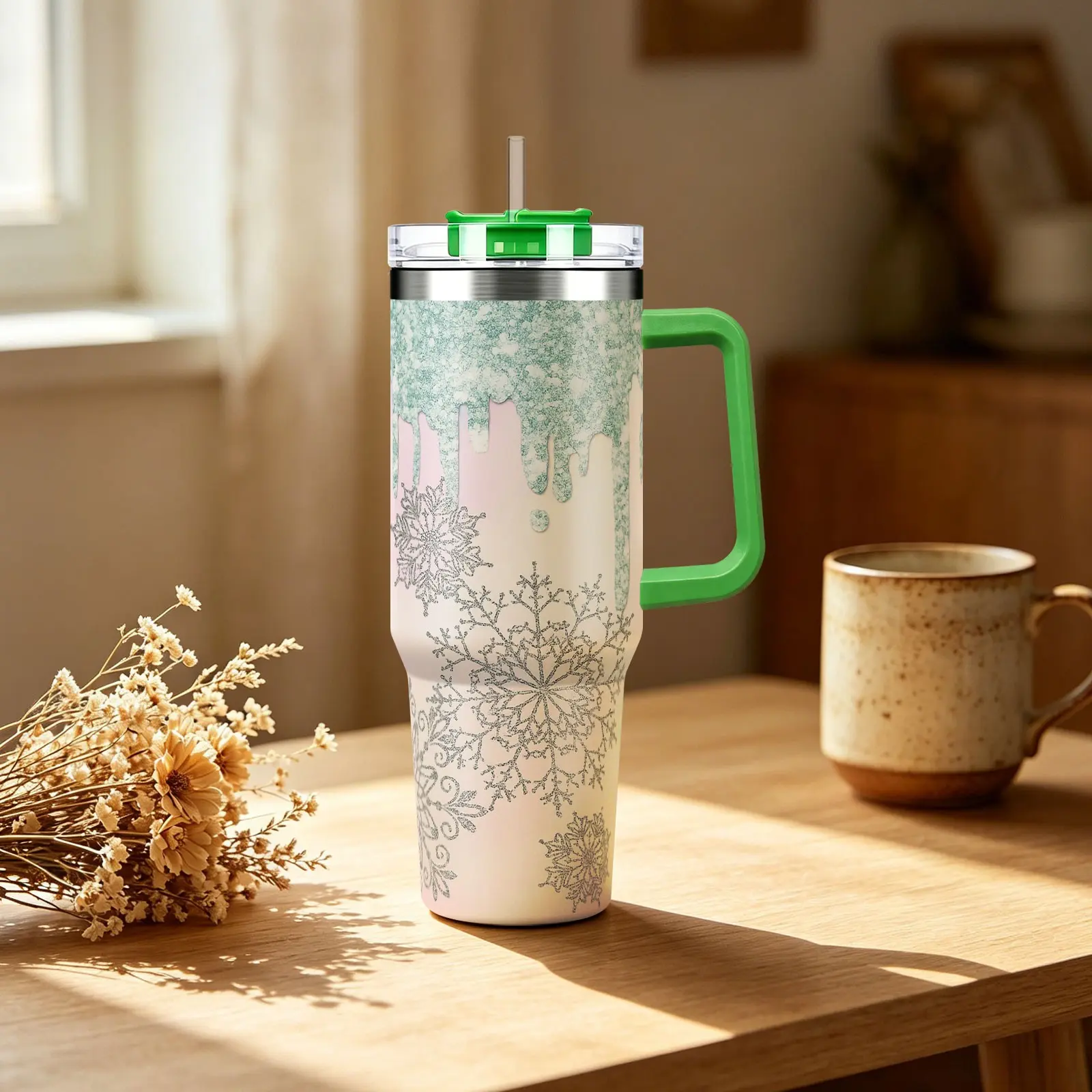 Snowflake Print Vacuum Ice Cup, 40oz Stainless Steel Water Bottles, Leak-Proof Lid with Straw, Ergonomic Handle, Ideal for Commute, Fitness, Coffee Lovers