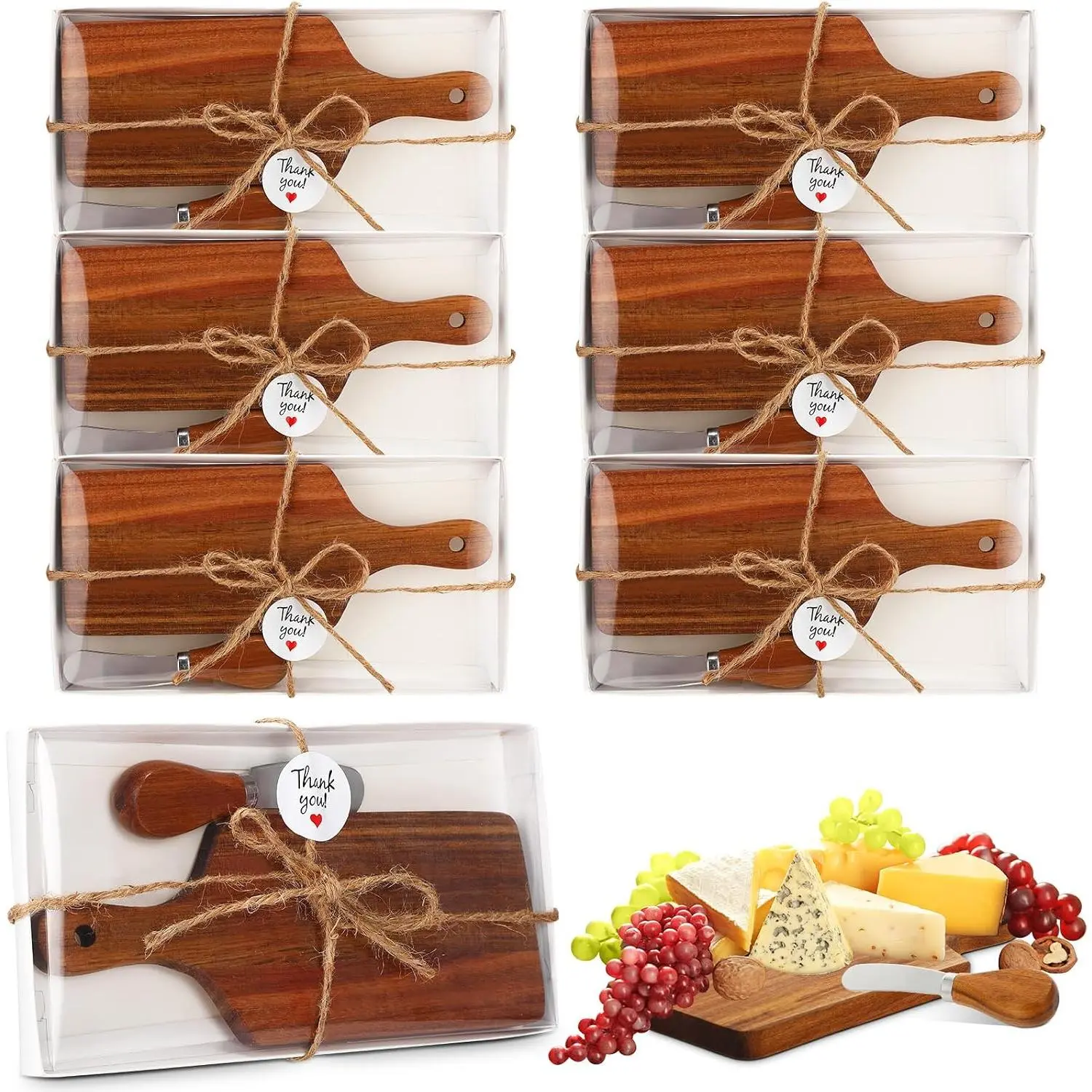 6 Pack Cheese Board and Cheese Spreader Knive Set  board bulk with  Boxes Mini Charcuterie Boards Serving for Christmas Wedding Bridal Shower Birthday Supplies(Acacia )