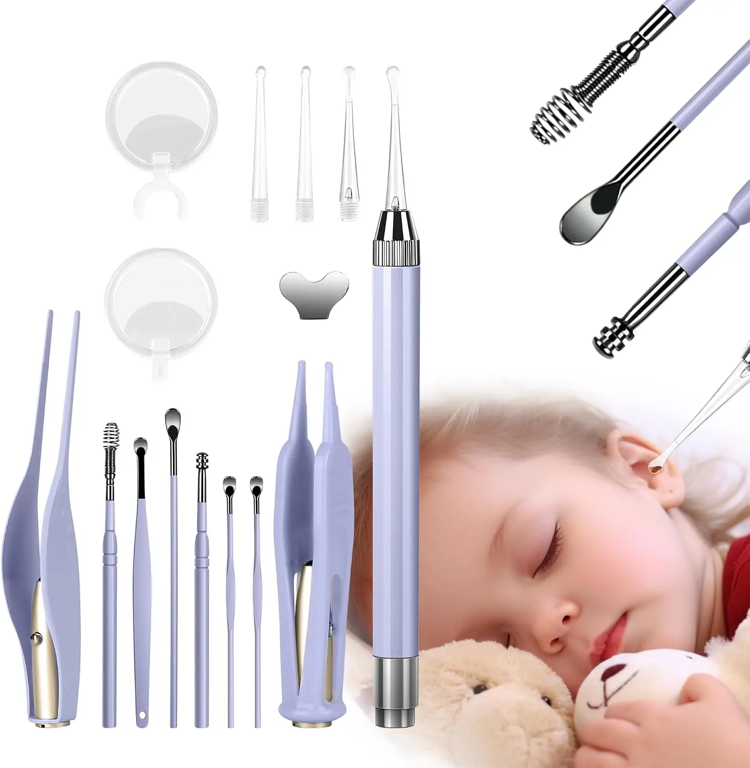 Ear Cleaning Kit with LED Light - 15 Pack Ear Wax Removal Kit for Kids and Adults, Earwax Spoon Digger & Tweezers for Ear Cleaning Tool Present Set