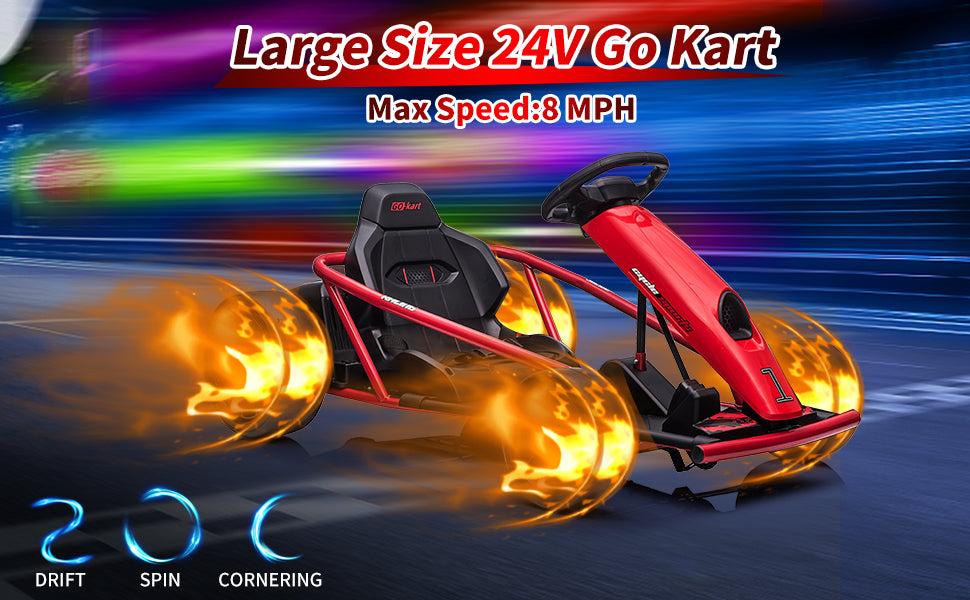 GARVEE 24V Go Kart for Ages 8-12 with Dual 300W Motors, 9Ah Battery, 8MPH Speed, Music, Horn, and 175lbs Max Load Capacity Available in Red, Blue, White, Pink, and Green