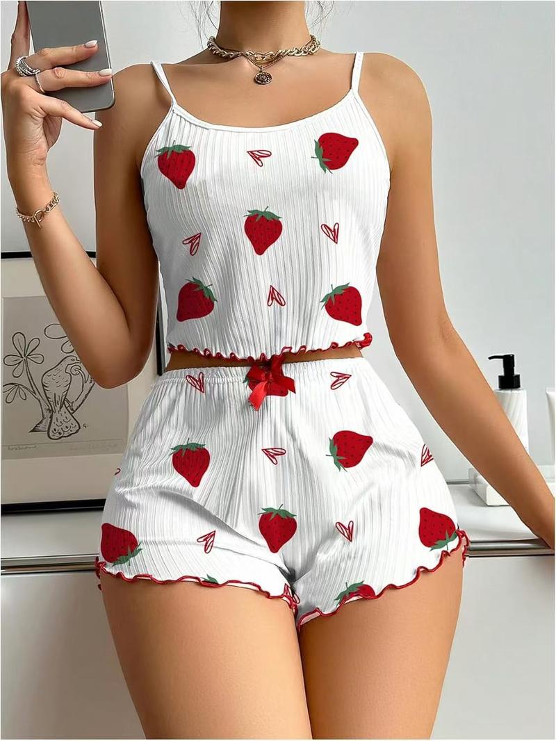 Casual pajama set, cherry and heart print, spaghetti straps, ruffled hem, short set, polyester 95% spandex 5%, 180g/m², perfect for Valentine's Day gift, suitable for all seasons Fabric Loungewear Nightwear Womenswear Pyjamas Pjs
