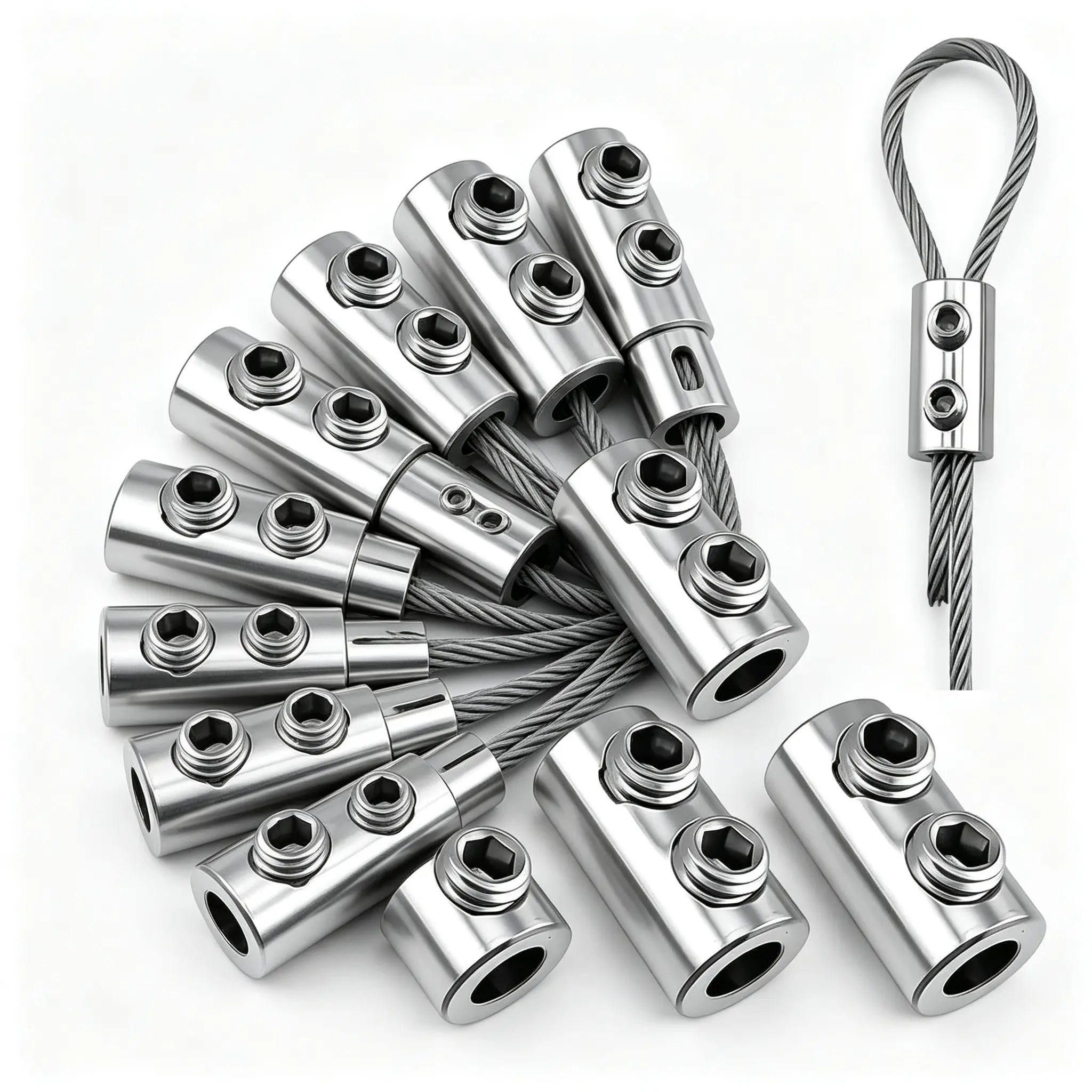 10Pcs Stainless Steel Wire Rope Clamps, 1/8" Double Hole Wire Cable Clips with L-Wrench, Heavy Duty Cable Crimp Loop Fastener for Garden, Camping, DIY Hanging Projects