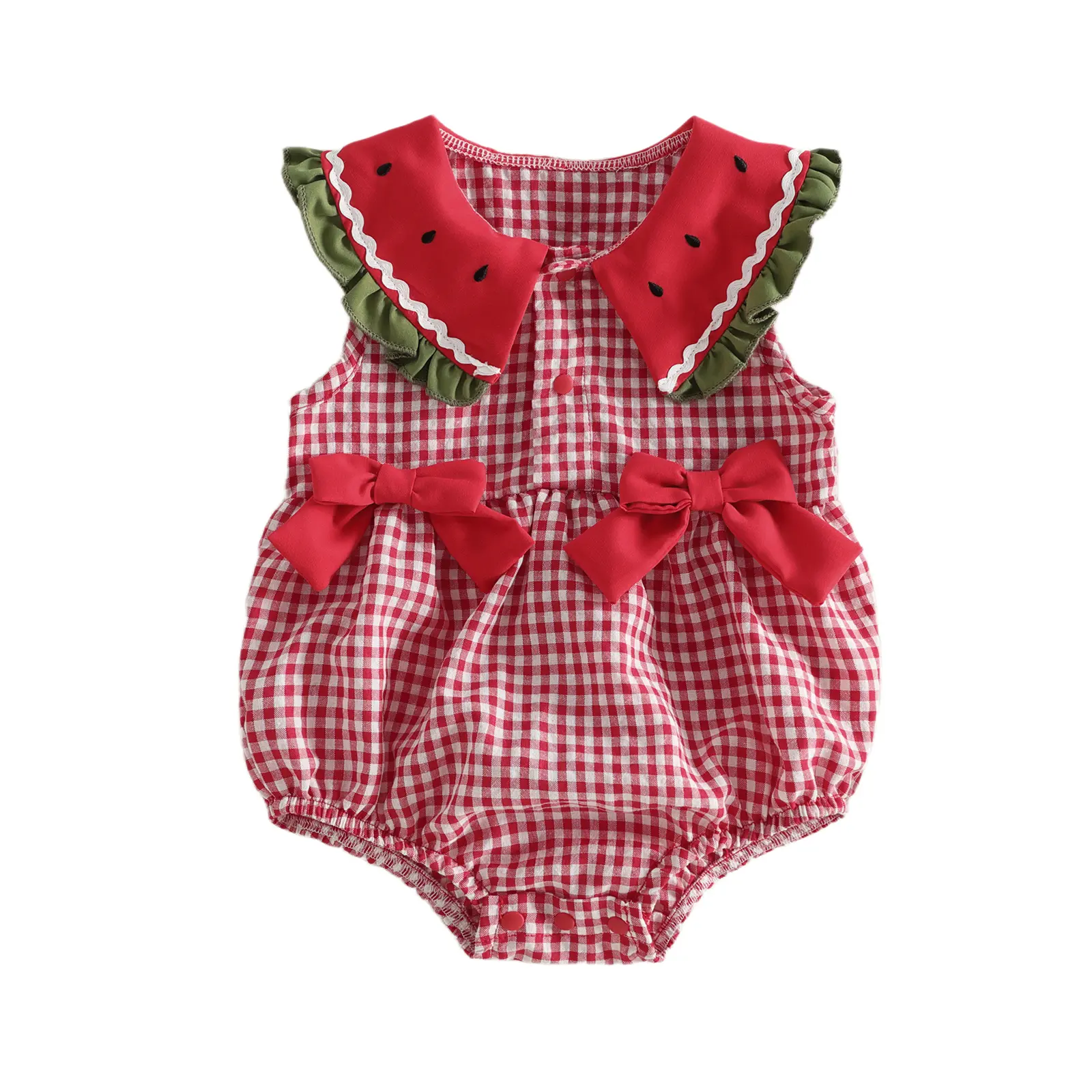 Babamoon Infant Baby Girls Watermelon Romper Sleeveless Doll Collar Plaid Jumpsuit Onesie Bodysuit