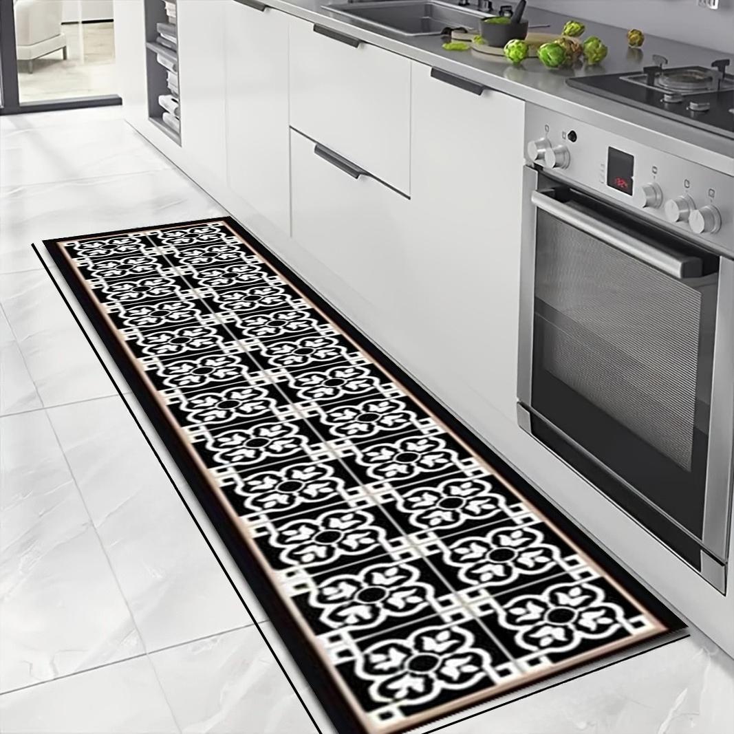 1pc of Black And White Floral Geometric Pattern Vintage Style Kitchen Rug, Hallway Carpet, Long Runner, Soft And Durable, Machine Washable And Easy to Clean,  Non-Slip Backing, Suitable for Kitchen Mats