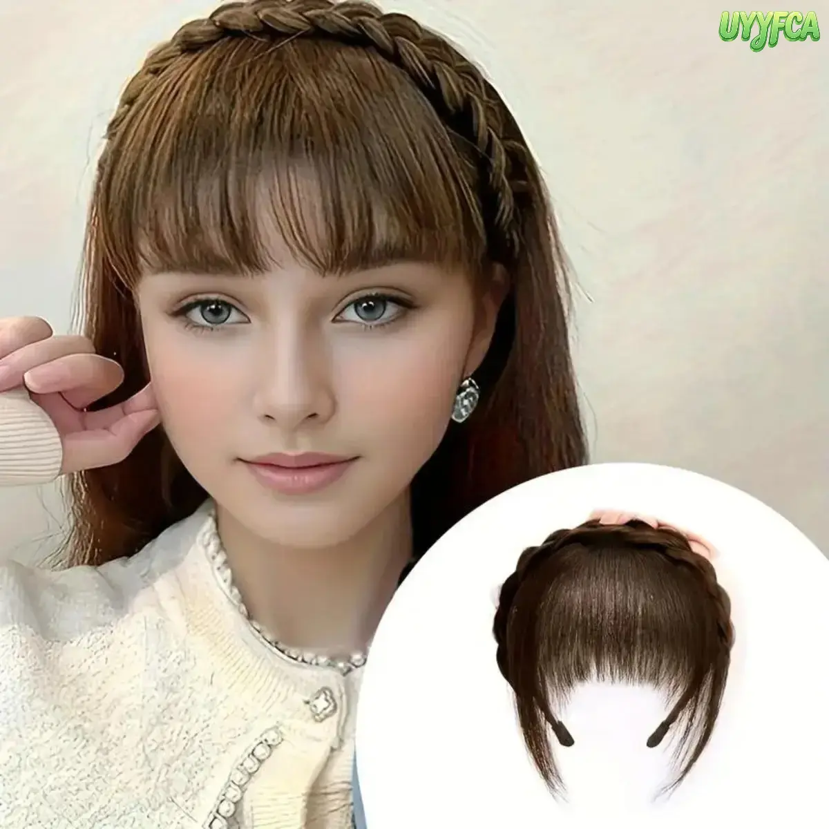 2-in-1 Fishtail Braid Headband with Wispy Bangs - Soft Lightweight Synthetic Hair Extension, Non-Slip Inner Teeth Seamless Hairpiece for Casual Wear, Natural Seamless Blend (Bag Charm Accessory), Hair Braids, Fishtail Braids, Everyday Wear