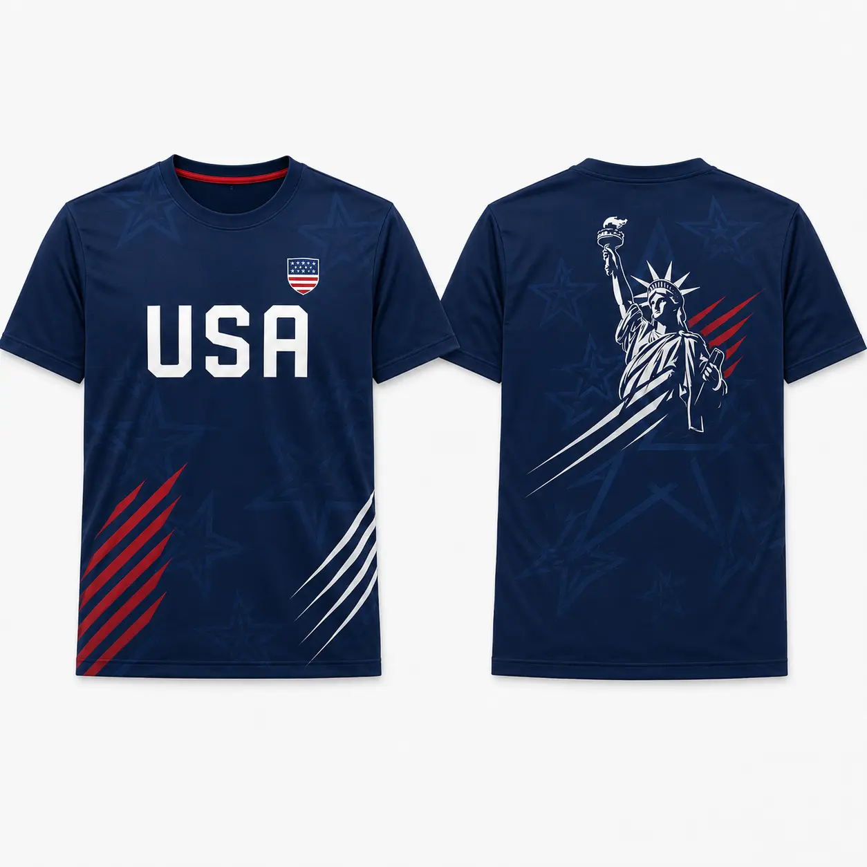 Men's USA Patriotic Soccer Jersey - Navy Blue, Bold 'USA' Lettering, American Flag Graphic, Statue of Liberty Back Print, Short-Sleeve Sports Top for 4th of July Celebrations, Family Road Trips, Patriotic Outfits