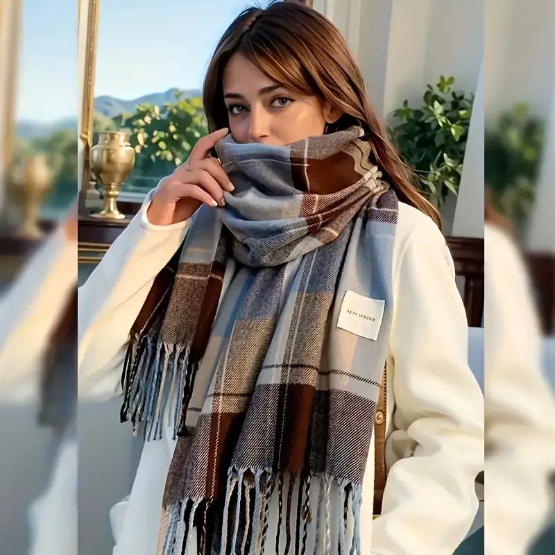 Women's Vintage Checkered Plaid Rectangular Scarf - Cozy Wrap, Thick Warm Large Size Winter Accessory with Tassels, Soft Outdoor Wear Neck Warmer, Autumn Fashion Elegant Travel Gift