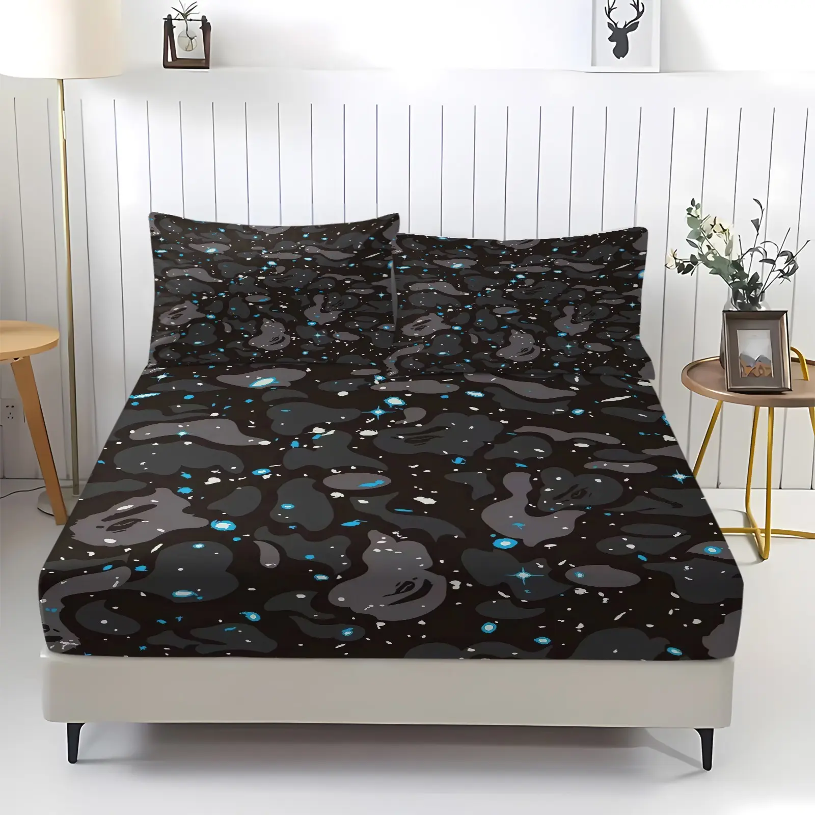 Black Gray Camouflage With Shining Starry Sparkle Dots Bedding Set, 1 Fitted Sheet + 2 Pillowcases, Abstract Camo Print, Soft Breathable Fabric, Deep Pocket Mattress Cover, Street Style Bedding For Teen Boys Bedroom Decor, Breathable Sheets