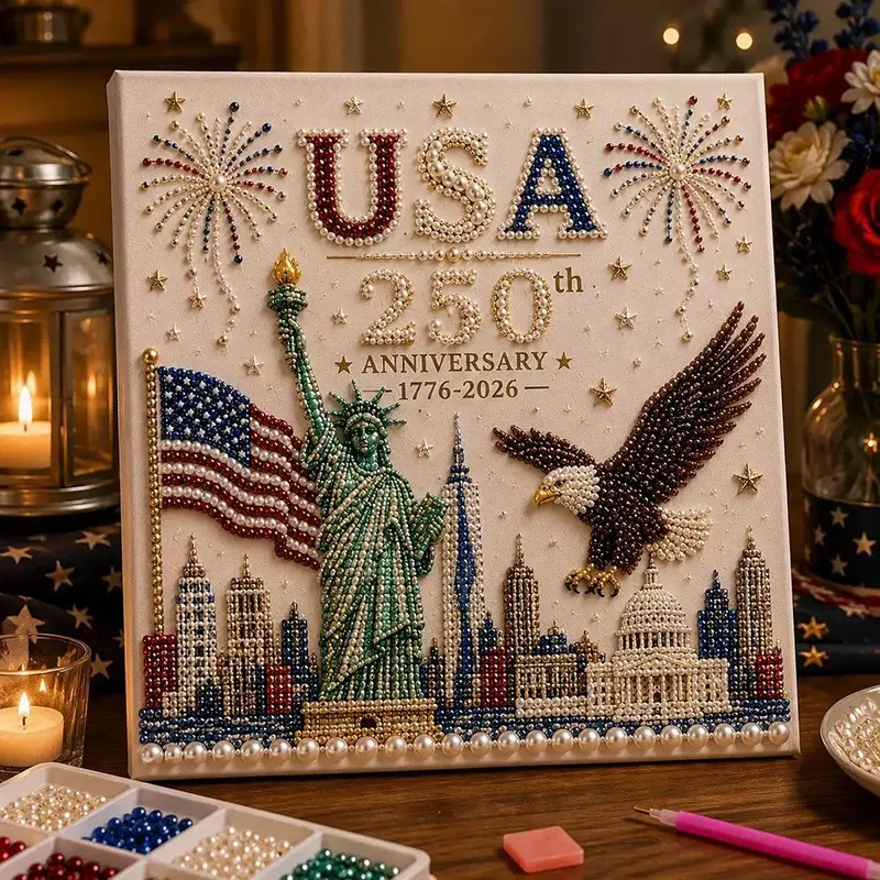 250th Anniversary Diamond Painting Kit Framed, 1776-2026 American Independence Special Shaped Crystal Diamond Art Wreath Eagle Statue of Liberty DIY Gem Art Canvas Decor Gift
