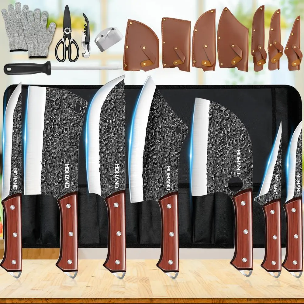 MDHAND 14pcs Kitchen Chef Knives Set - Hand Forged High Carbon Stainless Steel Cooking Knives, Meat Steel Cleaver, Slicing/Chopping/Boning Blades, Professional Kitchenware Knives Set with Roll Bag, Ideal Gift
