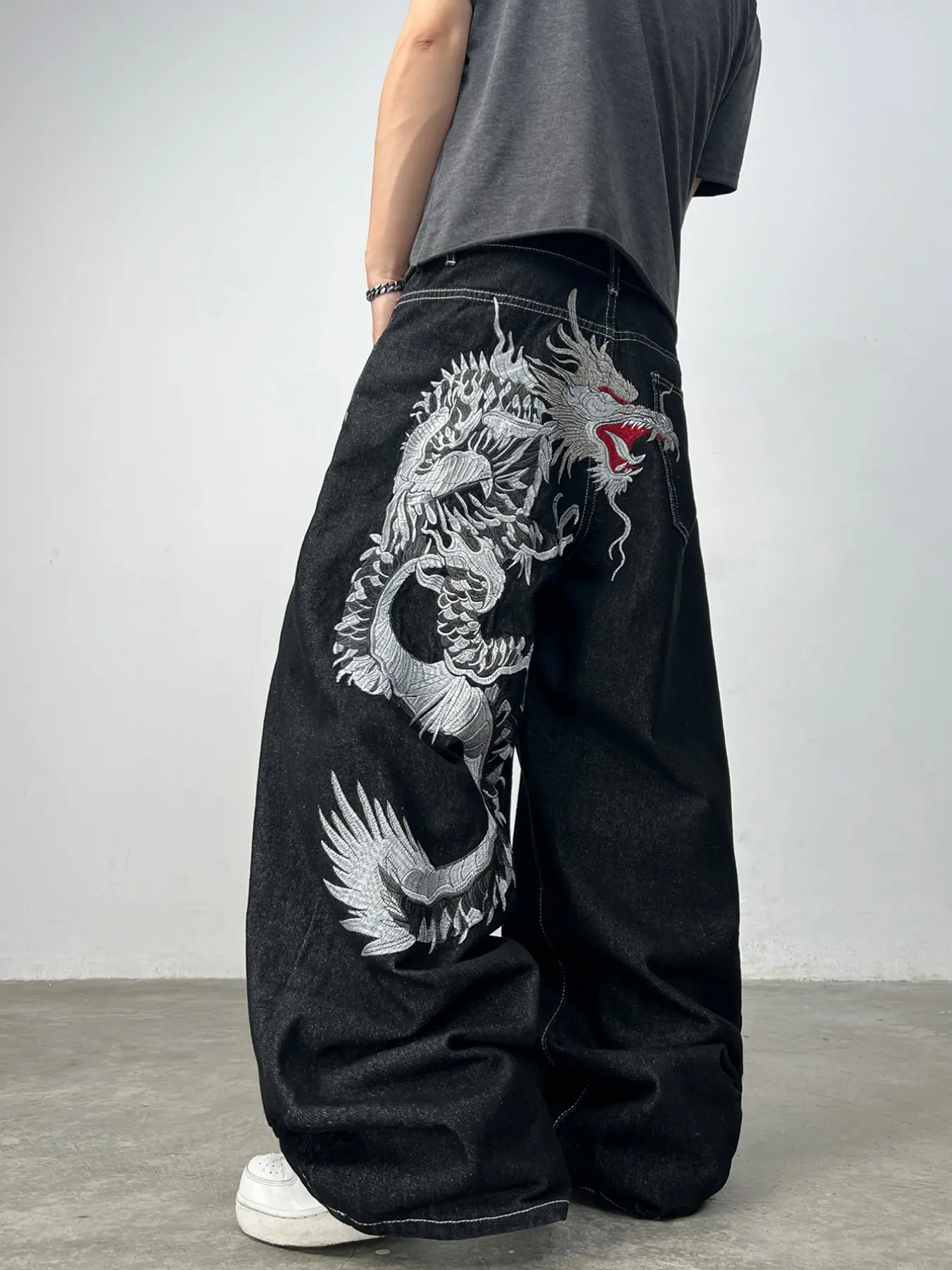 Men's Denim Jeans, New Retro Washed Block Dragon Embroidery Wide Leg Straight Jeans, Y2K Streetwear Fashion Long Pants