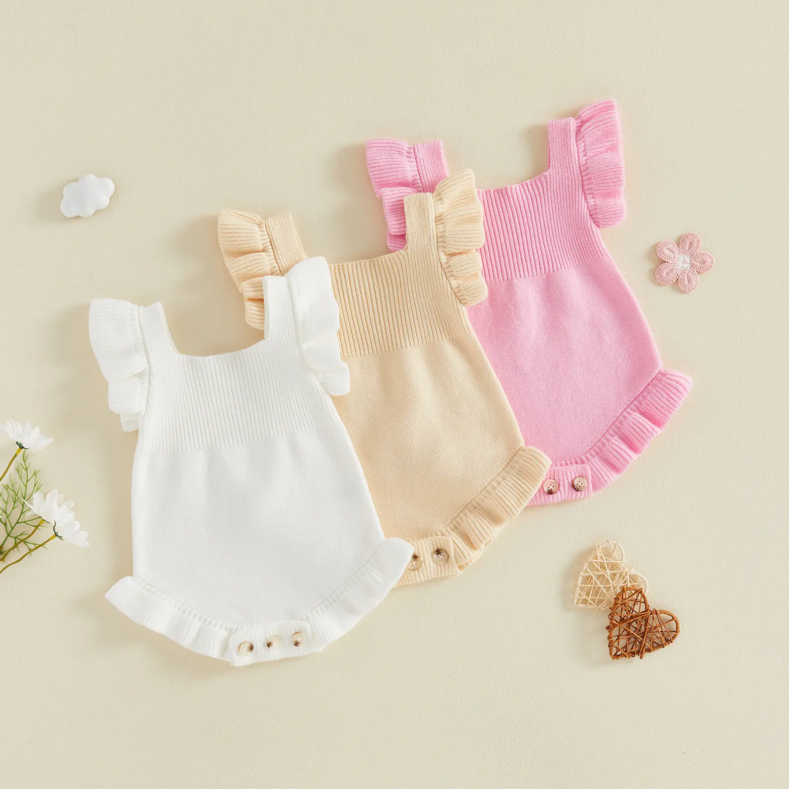 Infant Baby Girl Sweater Romper Solid Square Neck Flying Sleeve Knit Jumpsuit Fall Winter 0-18 Months