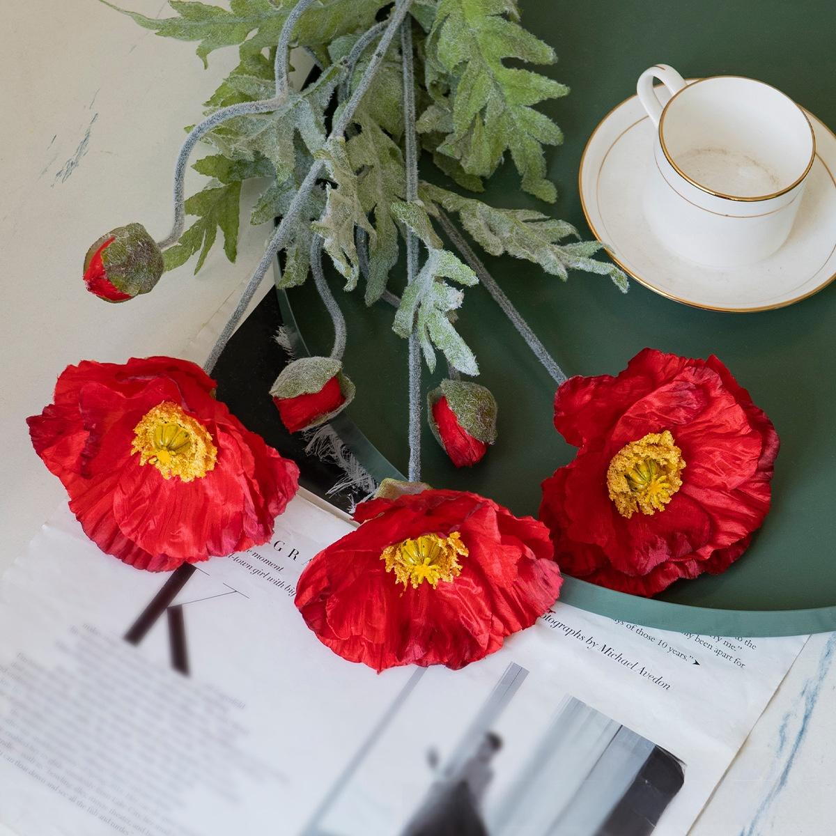 Artificial Poppy Bouquet Fake Flowers Poppy Flower Home Desktop Wedding Potted Plant Photography Prop Decoration