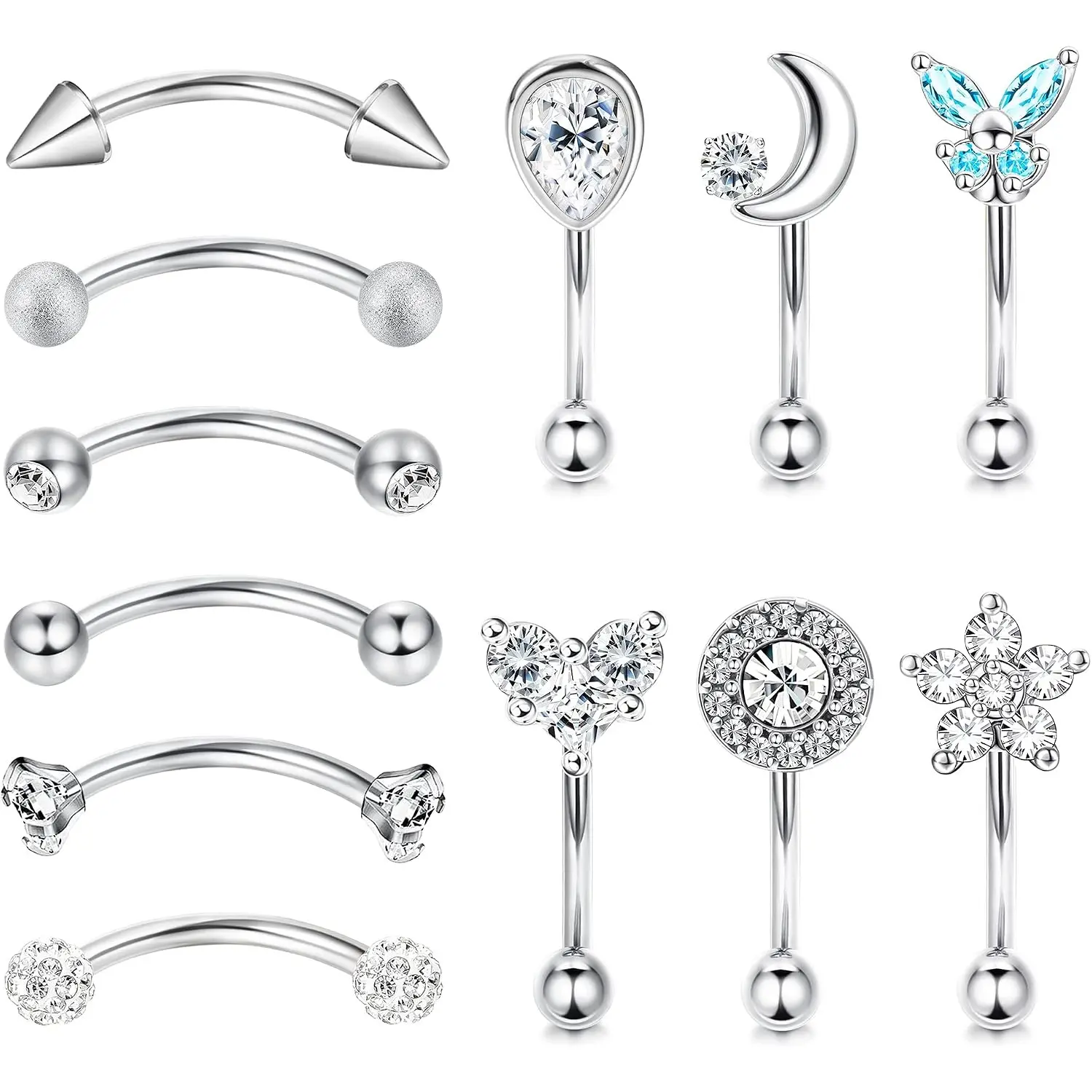 Women's Fashion 12-Pcs 16G Curved Barbell Body Jewelry - Casual Daily Rook Eyebrow, Lip, Belly Piercing Accessories for Females, Anti-Tarnish, Standard Gauge, Steel, Cz Accents