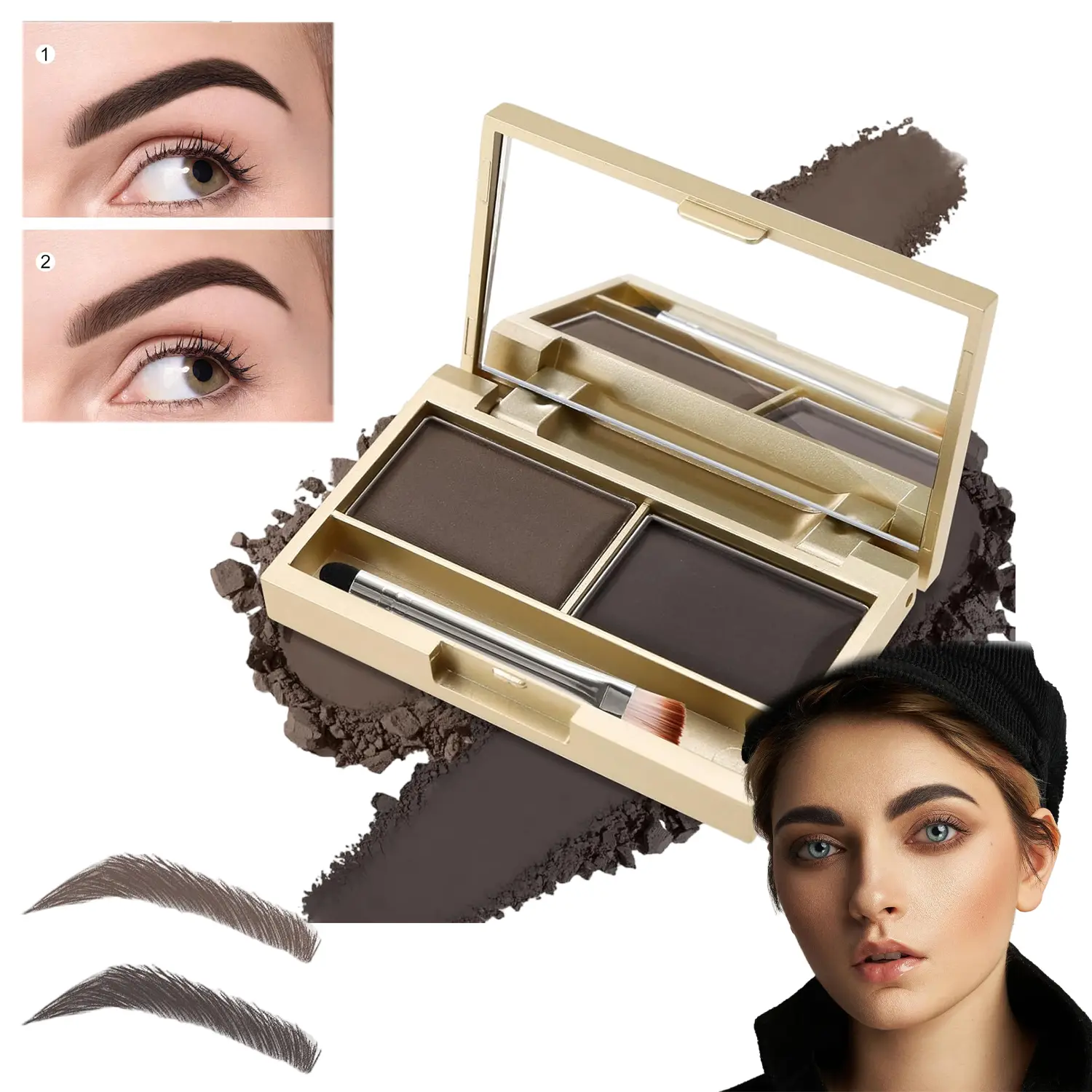 2 Color Waterproof Eyebrow Powder Palette with Built-in Mirror & Double Ended Brow Brush, Natural Buildable Brow Filler Definer, Multi-use Contour Eyeshadow Hairline Makeup Kit