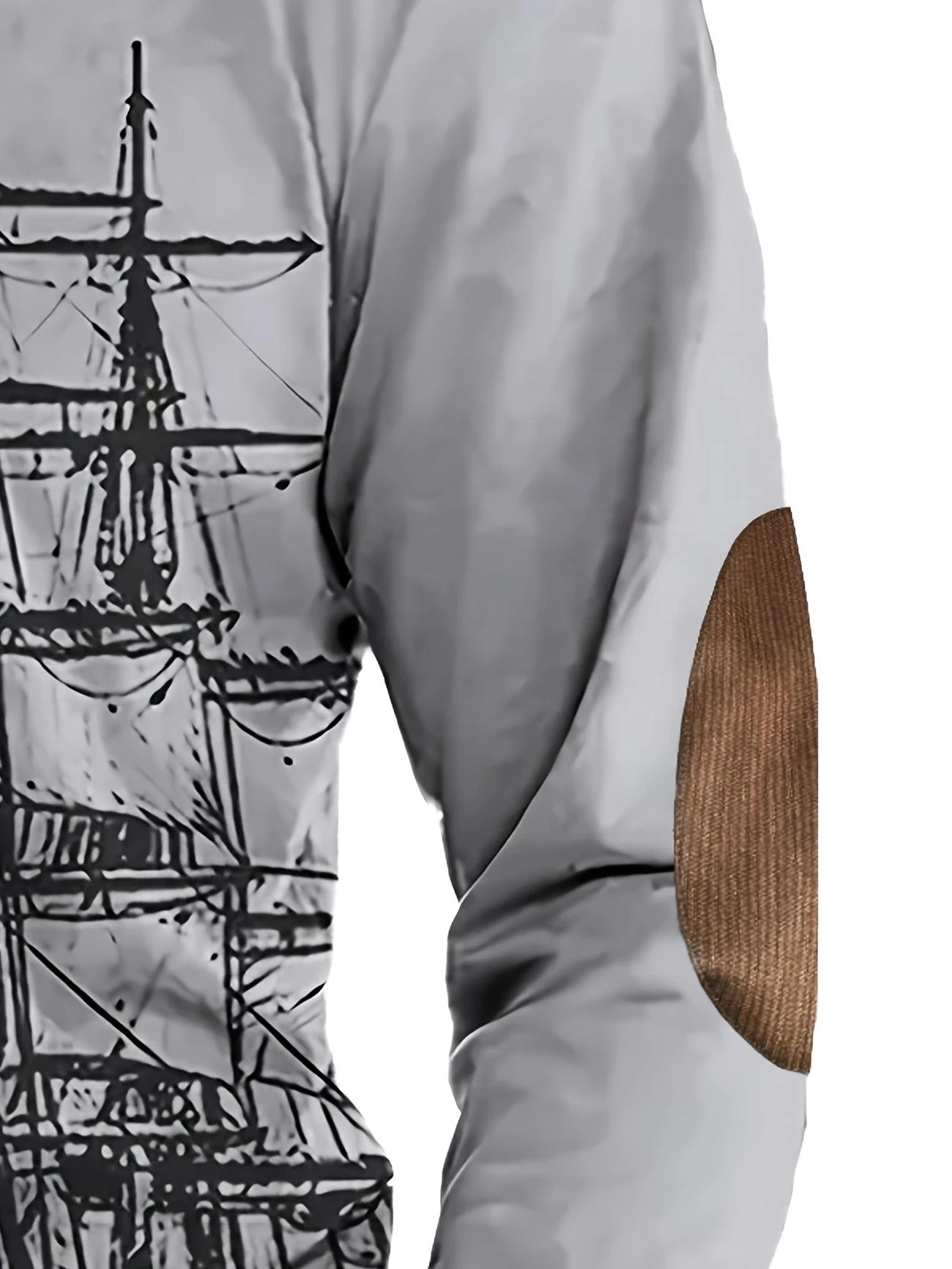 Autumn and winter vintage style sailboat print men's casual and comfortable long sleeved polo shirt Streetwear Collared Menswear