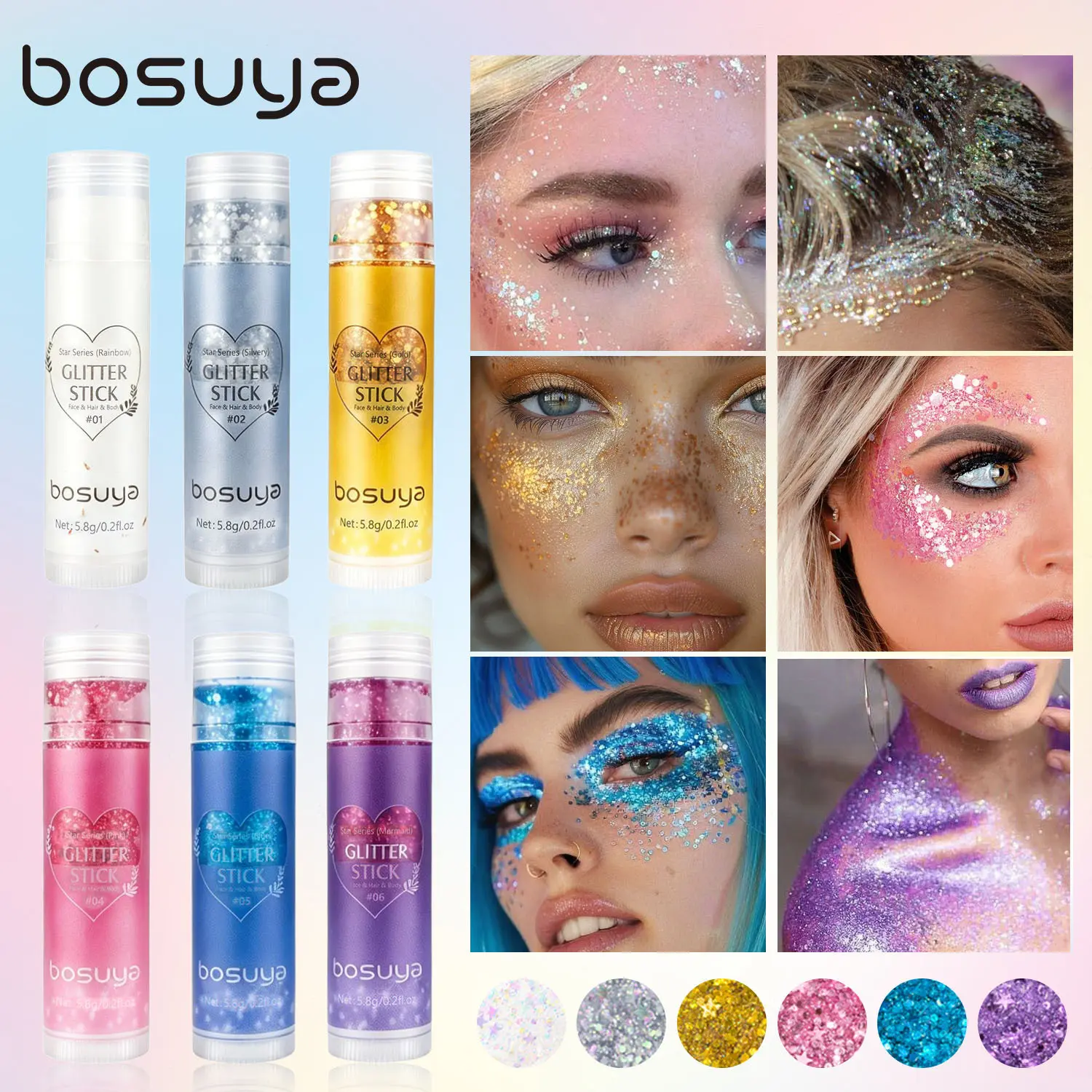 6 Colors Glitter Stick, Holographic Chunky Glitter Gel for Face Hair Body, Waterproof Metallic Sparkle Sequins Makeup Cosmetic, Waterproof Glitter Gel、sparkle Shimmer Gel Festival Rave Party Carnival Cosplay Eye Shimmer Glitter Stick