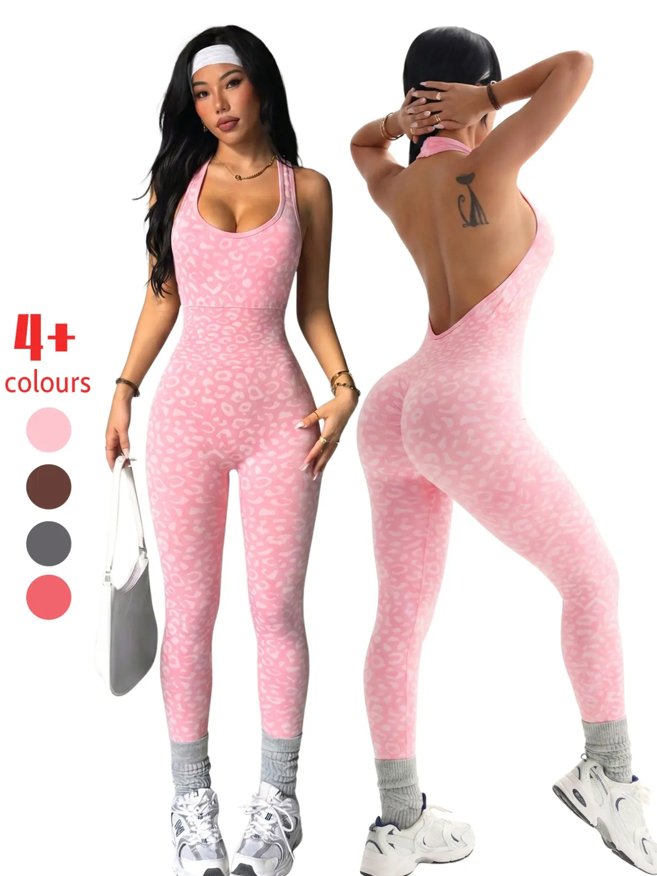 Leopard Print Seamless Women's Halter One-Piece Yoga Suit, High Waist Stretchy Butt Lifter Tummy Control, Sport Fitness Casual Wear, Tight Yoga Jumpsuit, Sleeveless Workout Jumpsuit