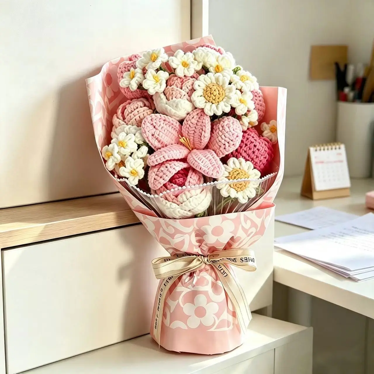 Handmade Knitted Flower Bouquet, Artificial Floral Decor, Graduation and Teacher's Day Gift, Wedding Birthday Mother's Day Present